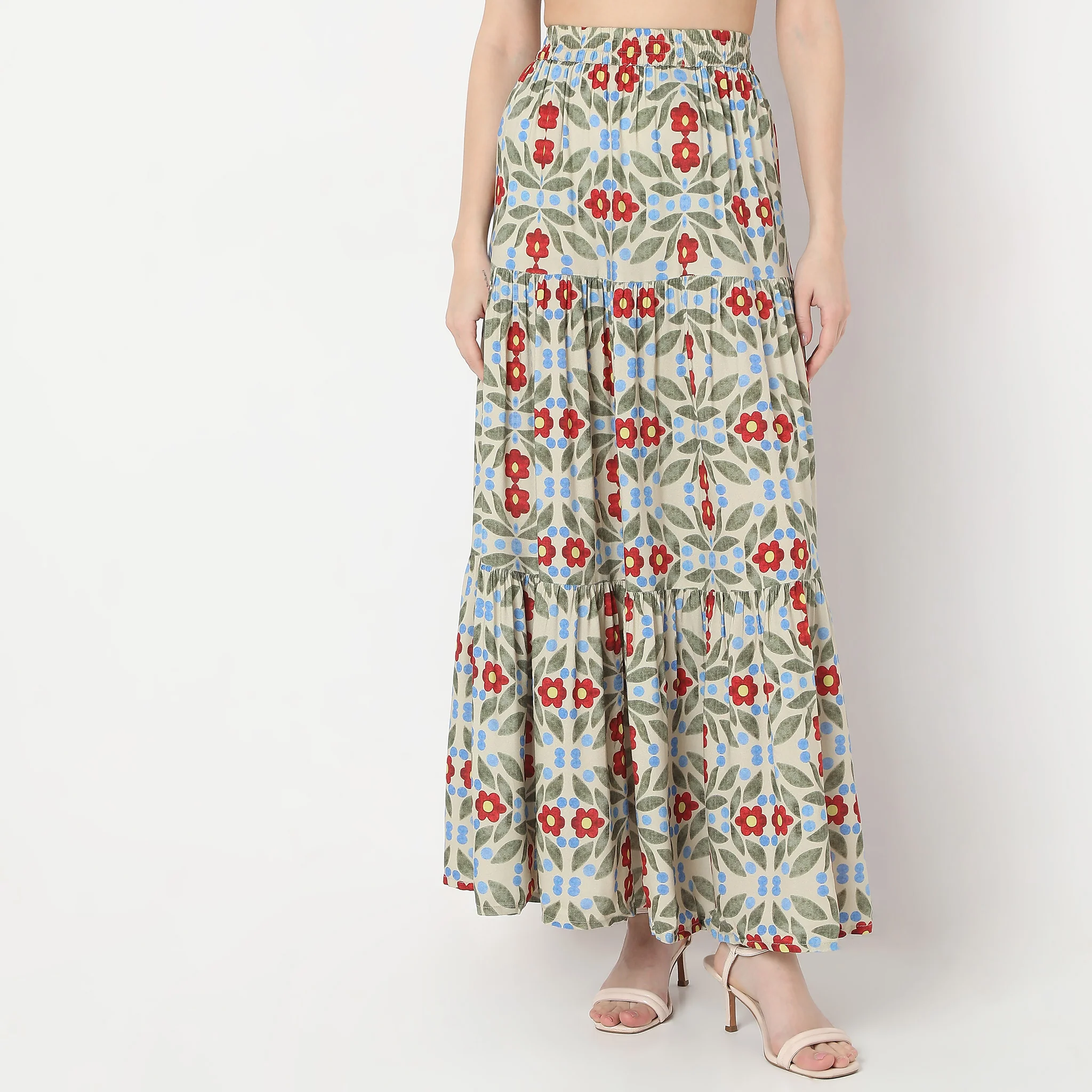Flare Fit Printed Full Length A-Line Abstract High Rise Tiered Skirt - Image 2