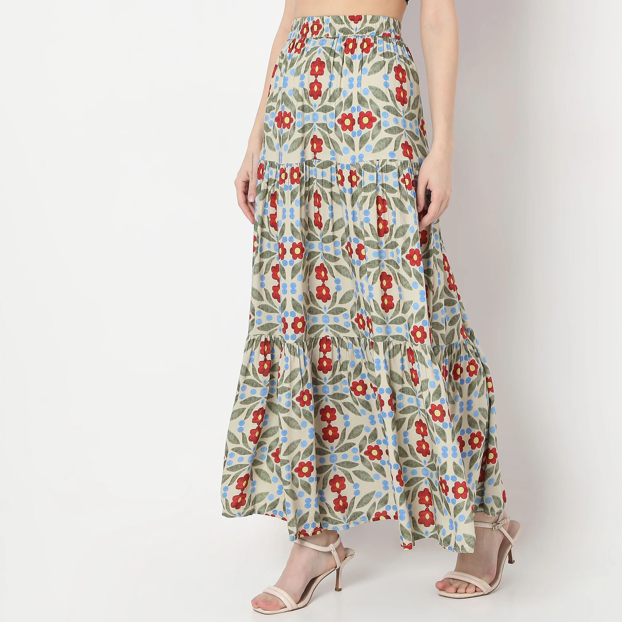 Flare Fit Printed Full Length A-Line Abstract High Rise Tiered Skirt - Image 5