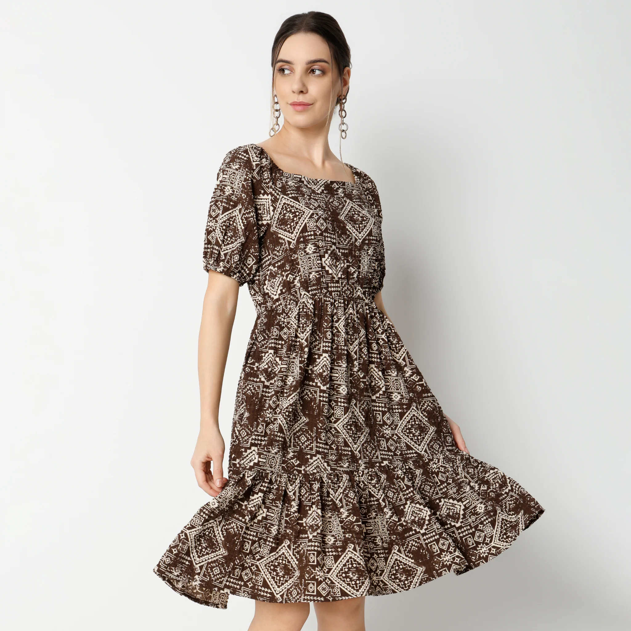 Flare Fit Printed Knee Length Square Neck Short Sleeve Dress