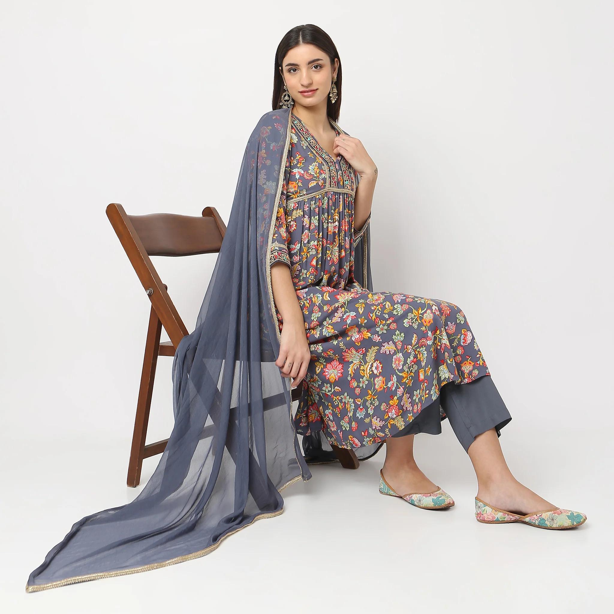Flare Fit Printed Kurta And Pant With Dupatta Set