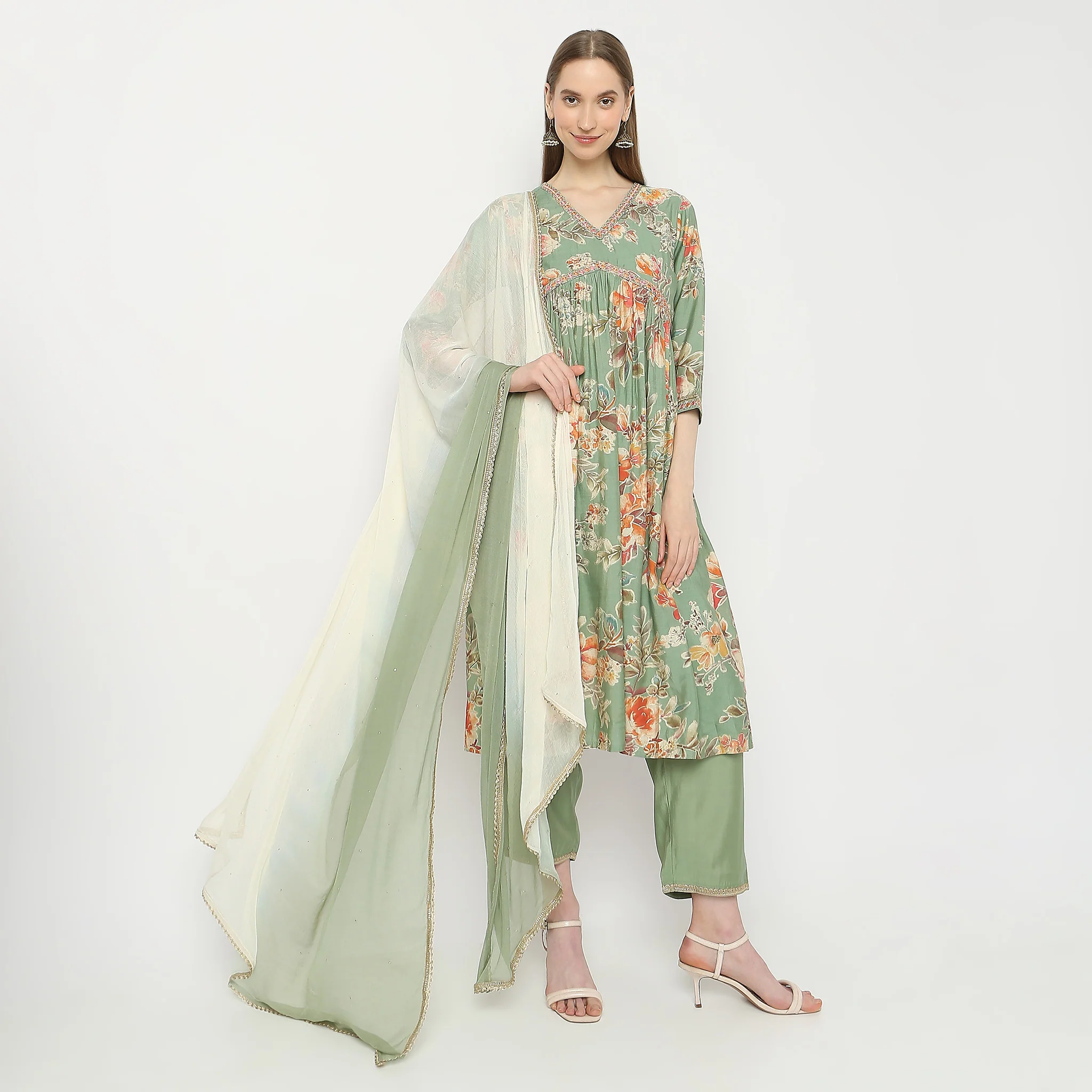 Flare Fit Printed Kurta And Pant With Dupatta Set