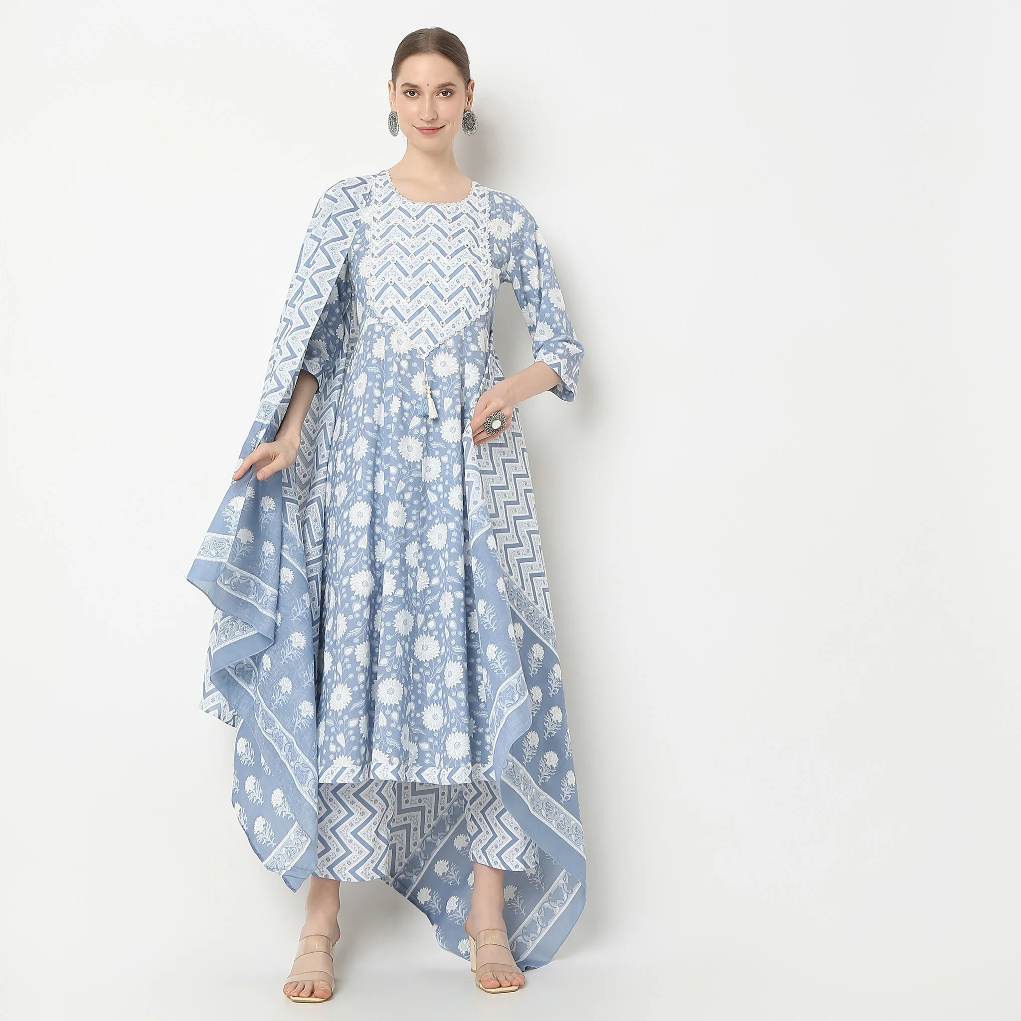 Flare Fit Printed Kurta And Pant With Dupatta Set