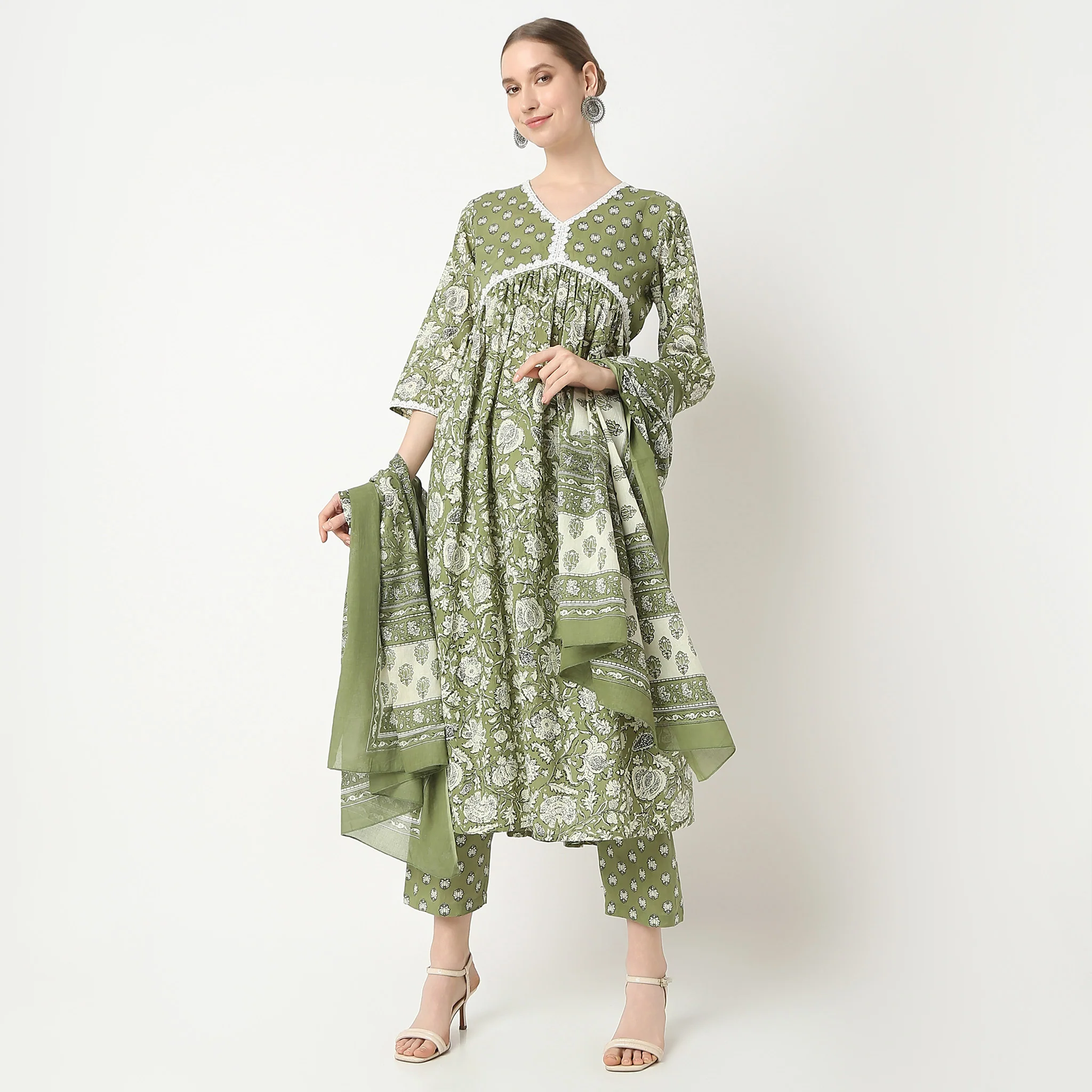 Flare Fit Printed V-Neck Kurta And Pant With Dupatta Set