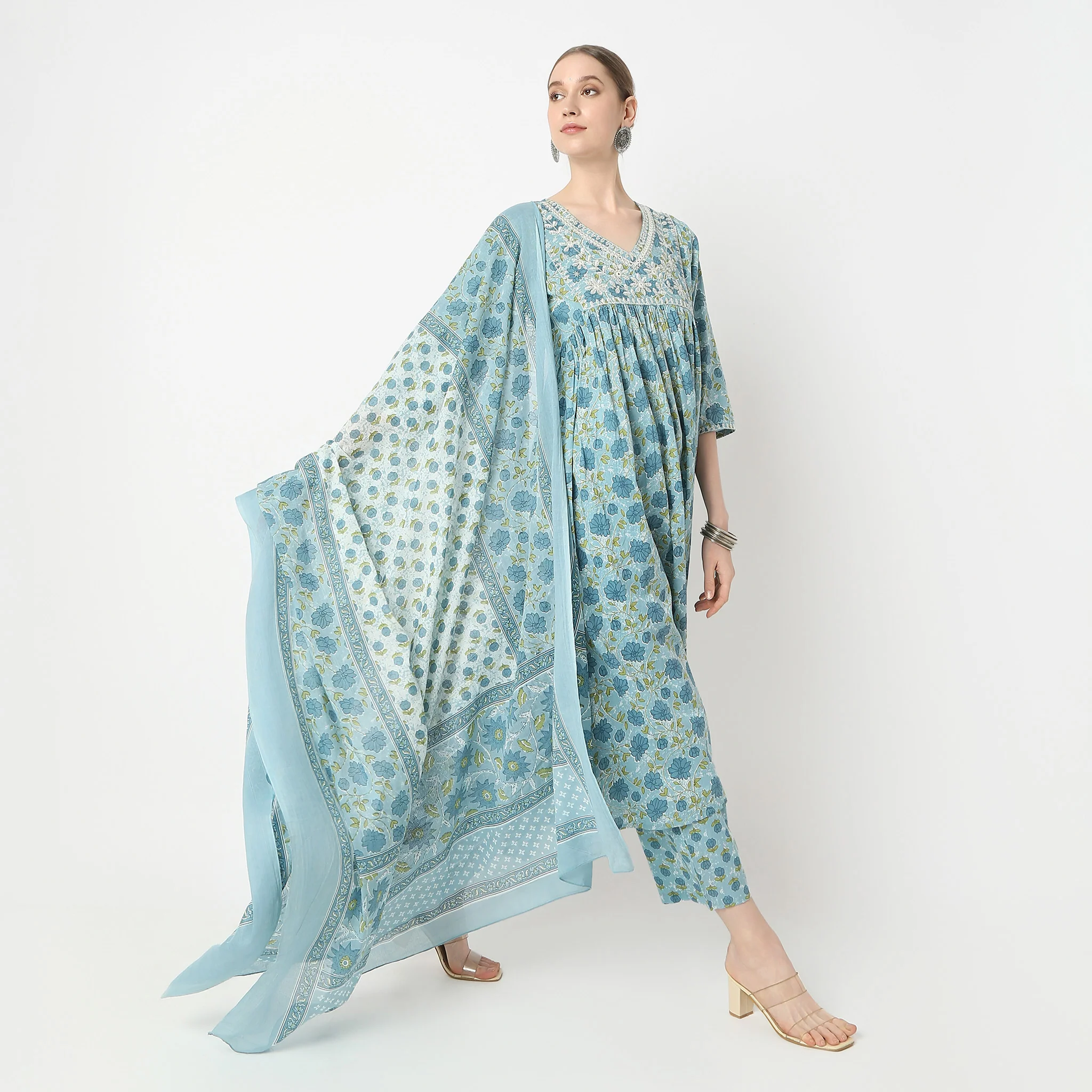 Flare Fit Printed V-Neck Kurta And Pant With Dupatta Set