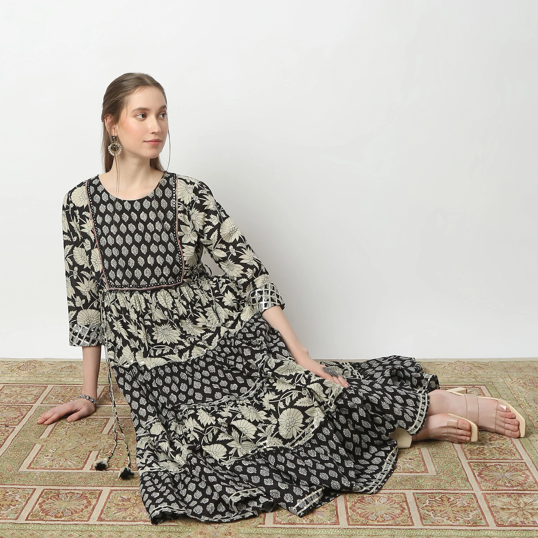Flare Fit Printed Below Knee Handcrafted Elegance Tiered Kurta