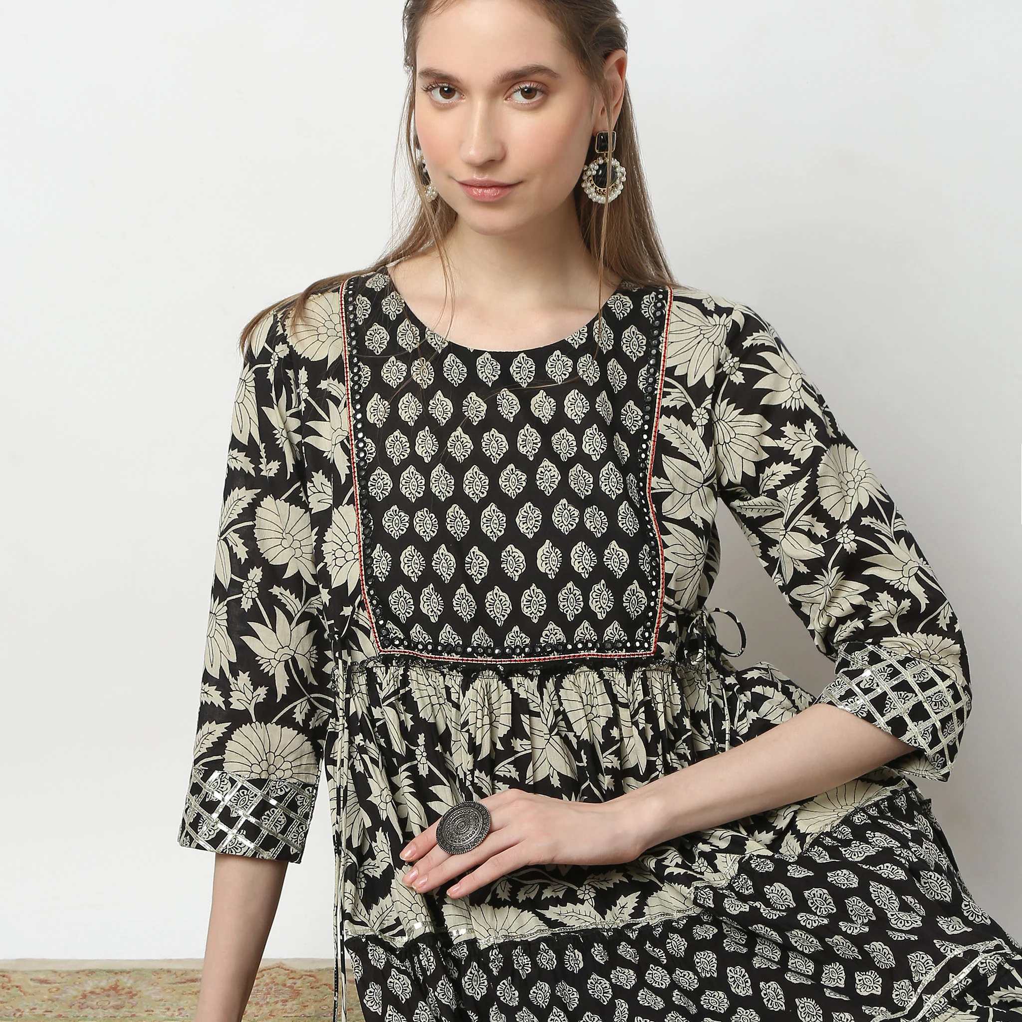 Flare Fit Printed Below Knee Handcrafted Elegance Tiered Kurta - Image 4