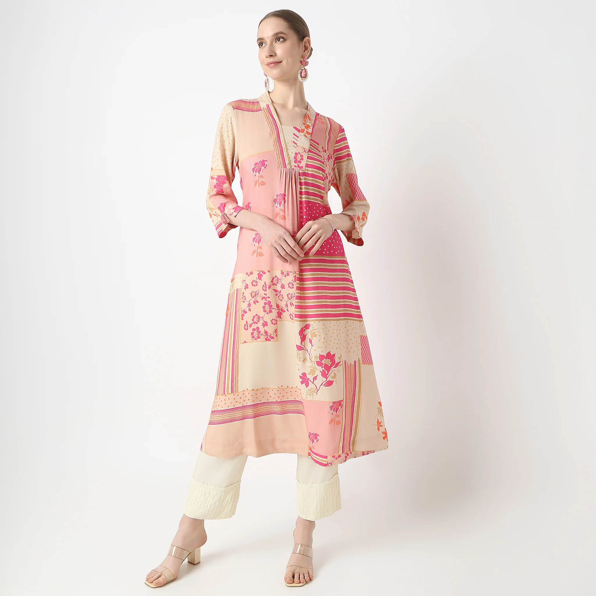Flare Fit Printed Below Knee V-Neck A-Line Kurta