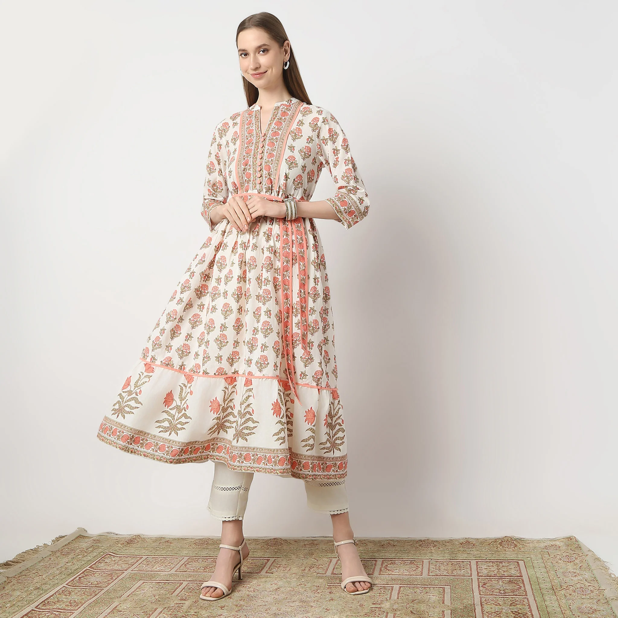 Flare Fit Printed Below Knee Band Collar Kurta