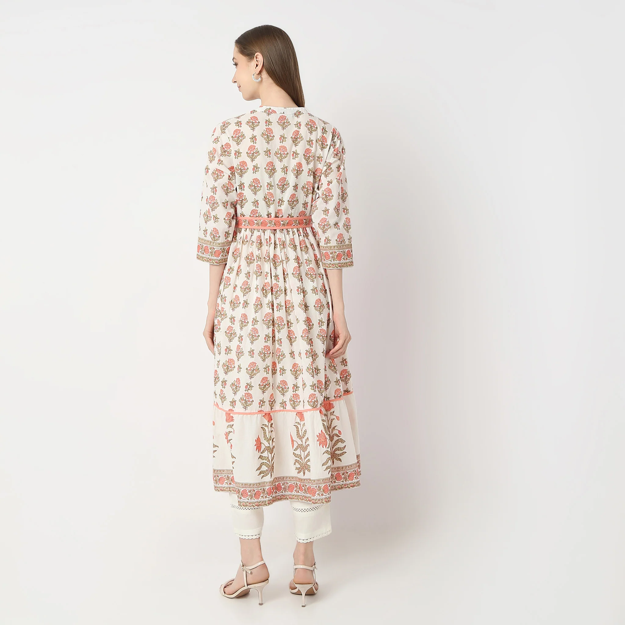 Flare Fit Printed Below Knee Band Collar Kurta - Image 3
