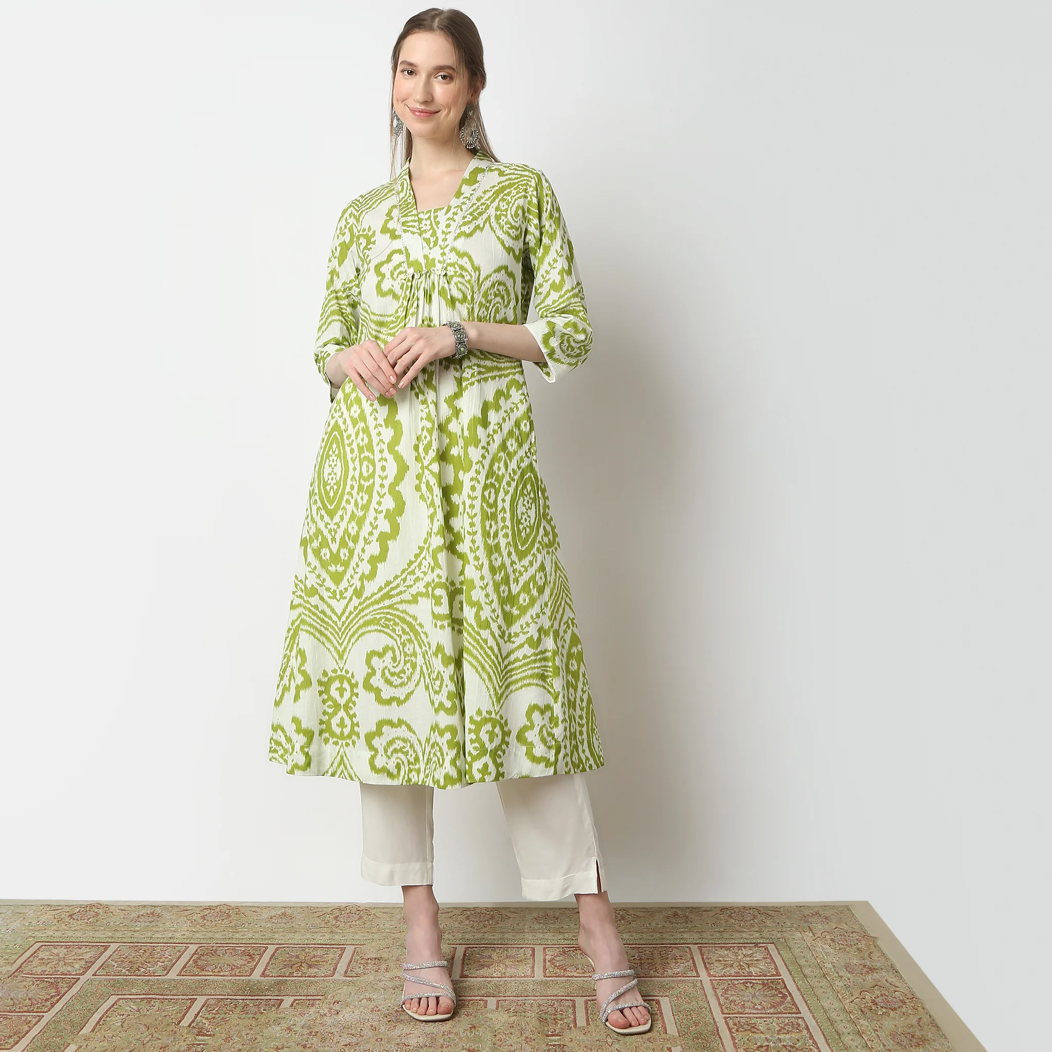 Flare Fit Printed Below Knee V-Neck Kurta