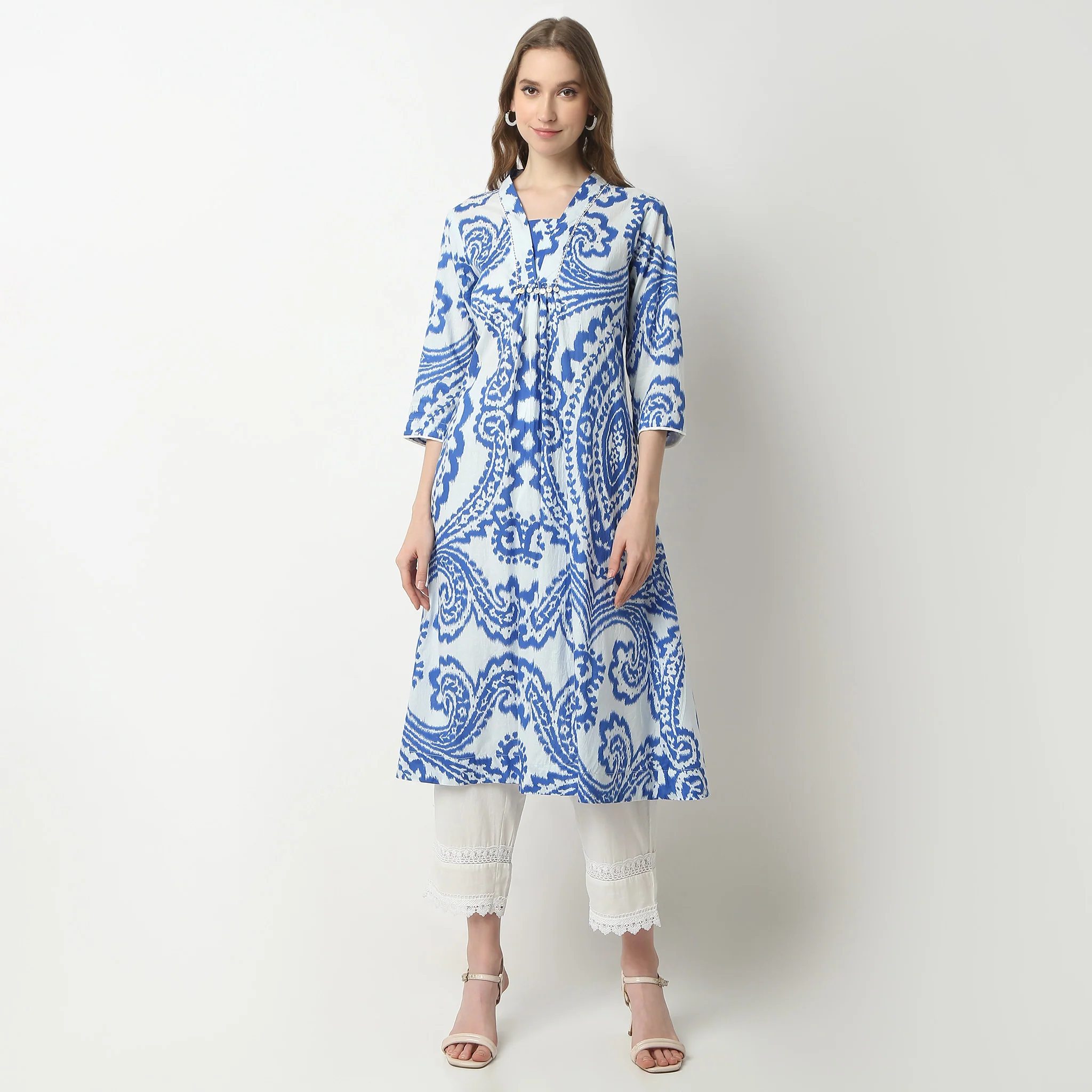 Flare Fit Printed Below Knee V-Neck Kurta - Image 7