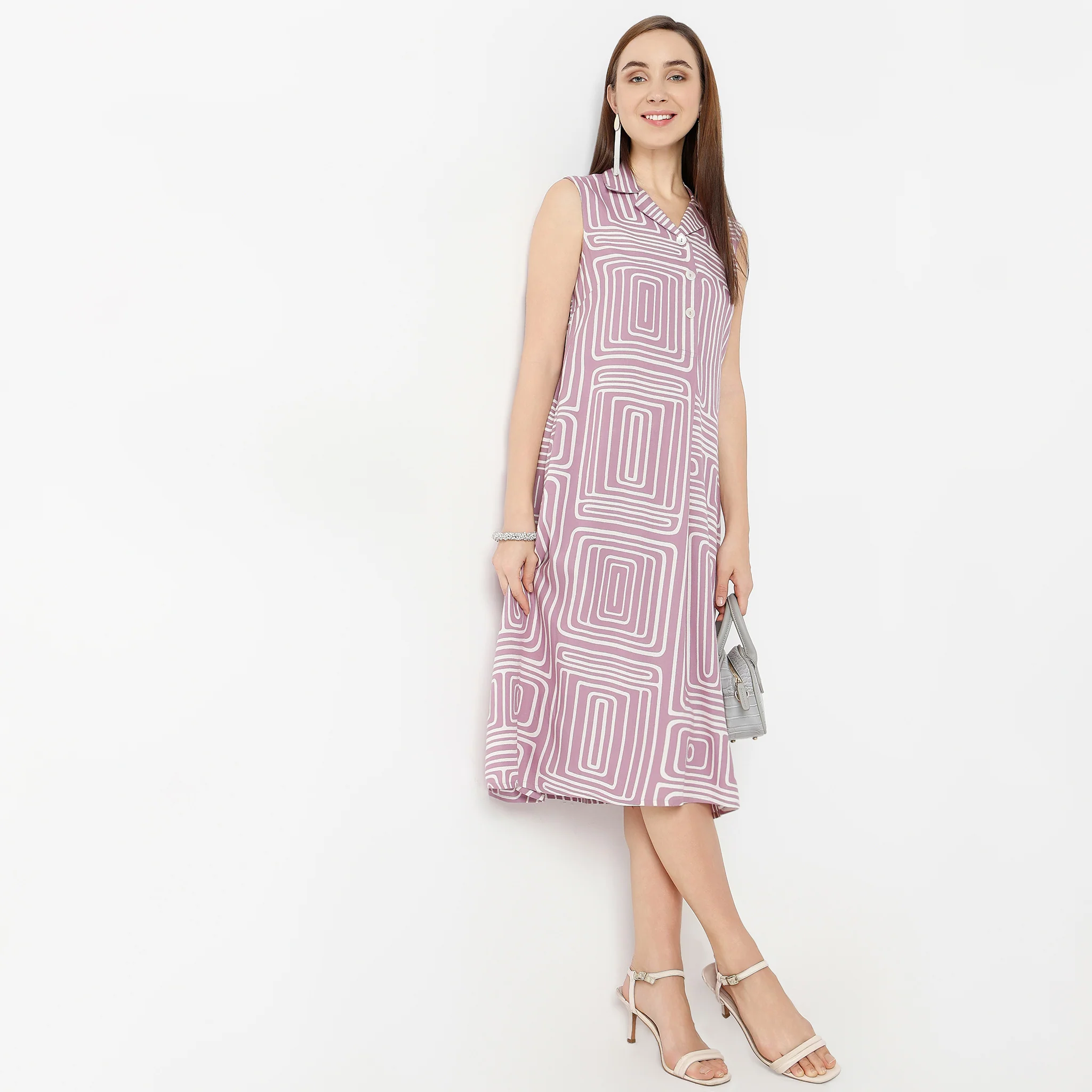 Flare Fit Lapel Collar Sleeveless Printed Dress