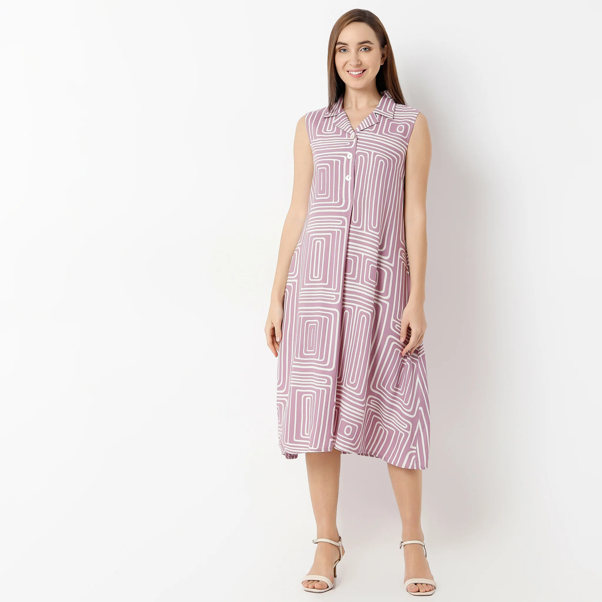 Flare Fit Lapel Collar Sleeveless Printed Dress - Image 2
