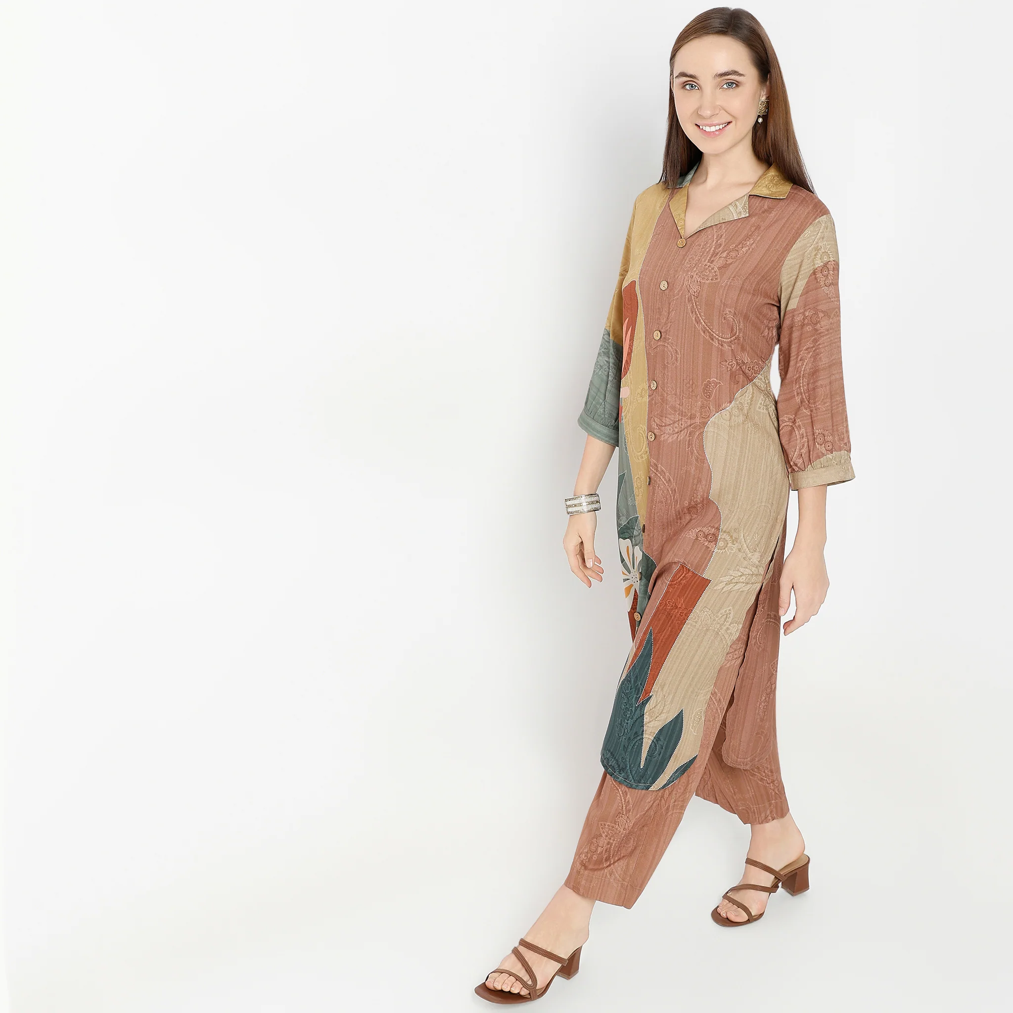 Flare Fit Printed Lapel Collar Kurta Set