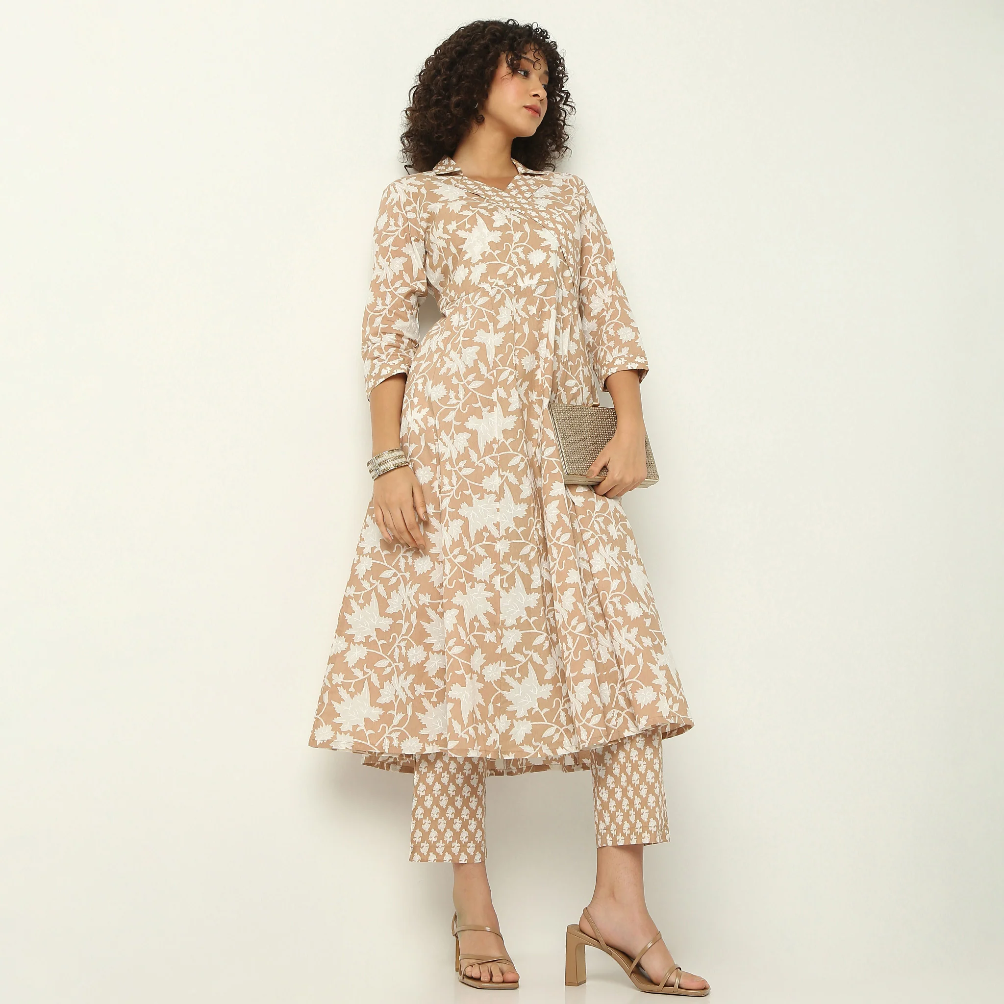 Lapel Collar Three Fourth Sleeve Flare Fit Printed Kurta With Pant Set