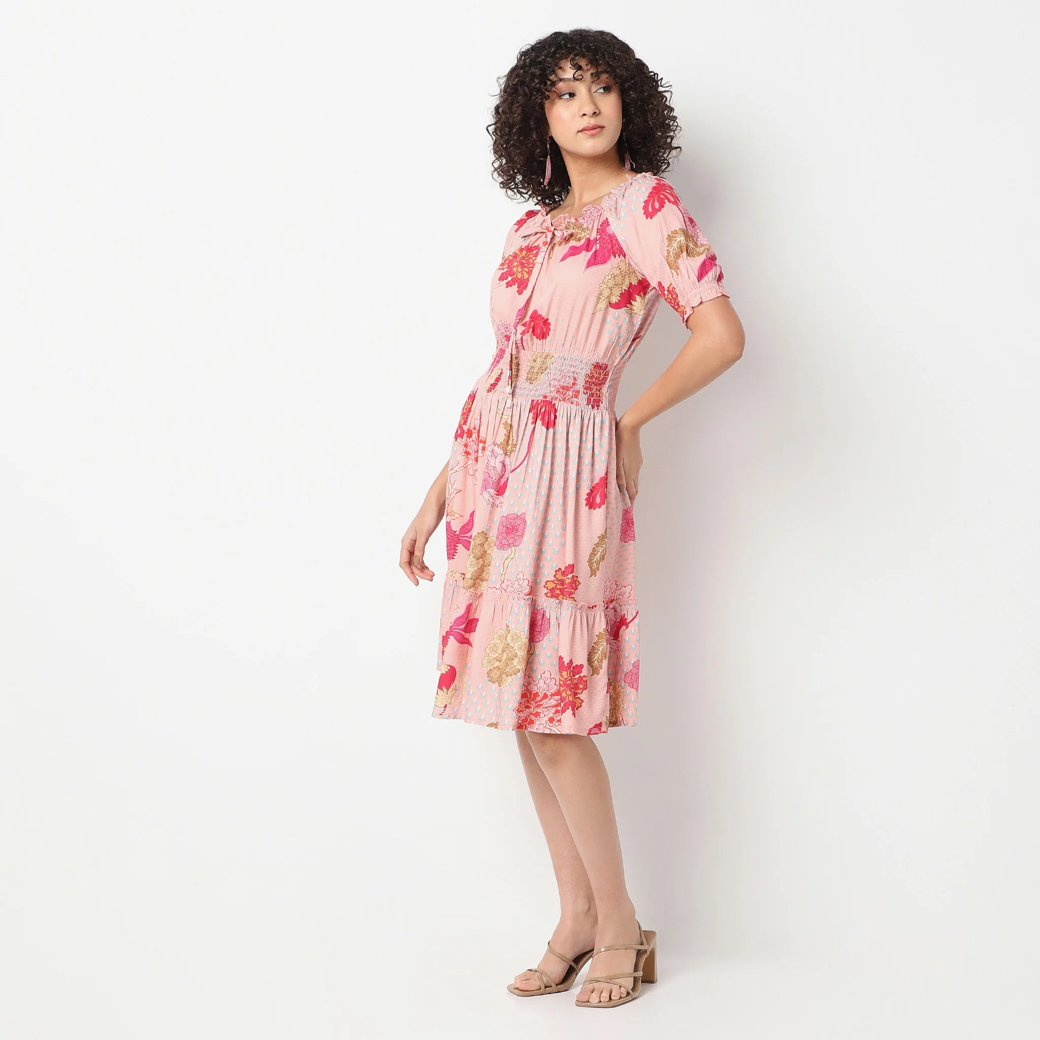Off Shoulder Calf Length Flare Fit Printed Dress - Image 5