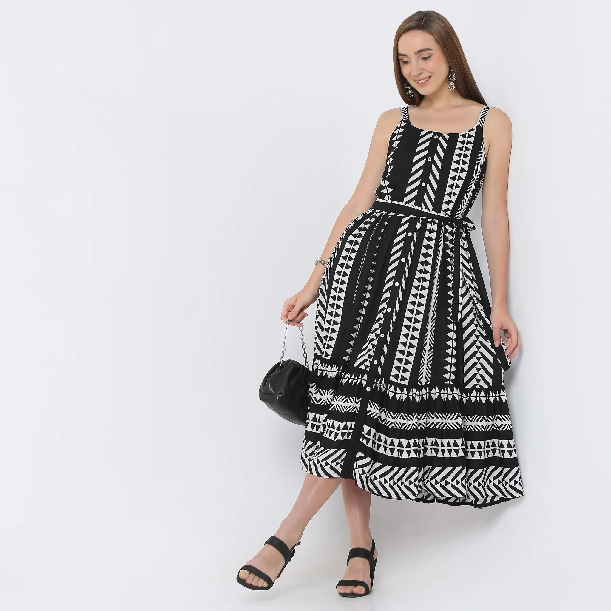 Flare Fit Printed Below Knee Round Neck Strap Dress