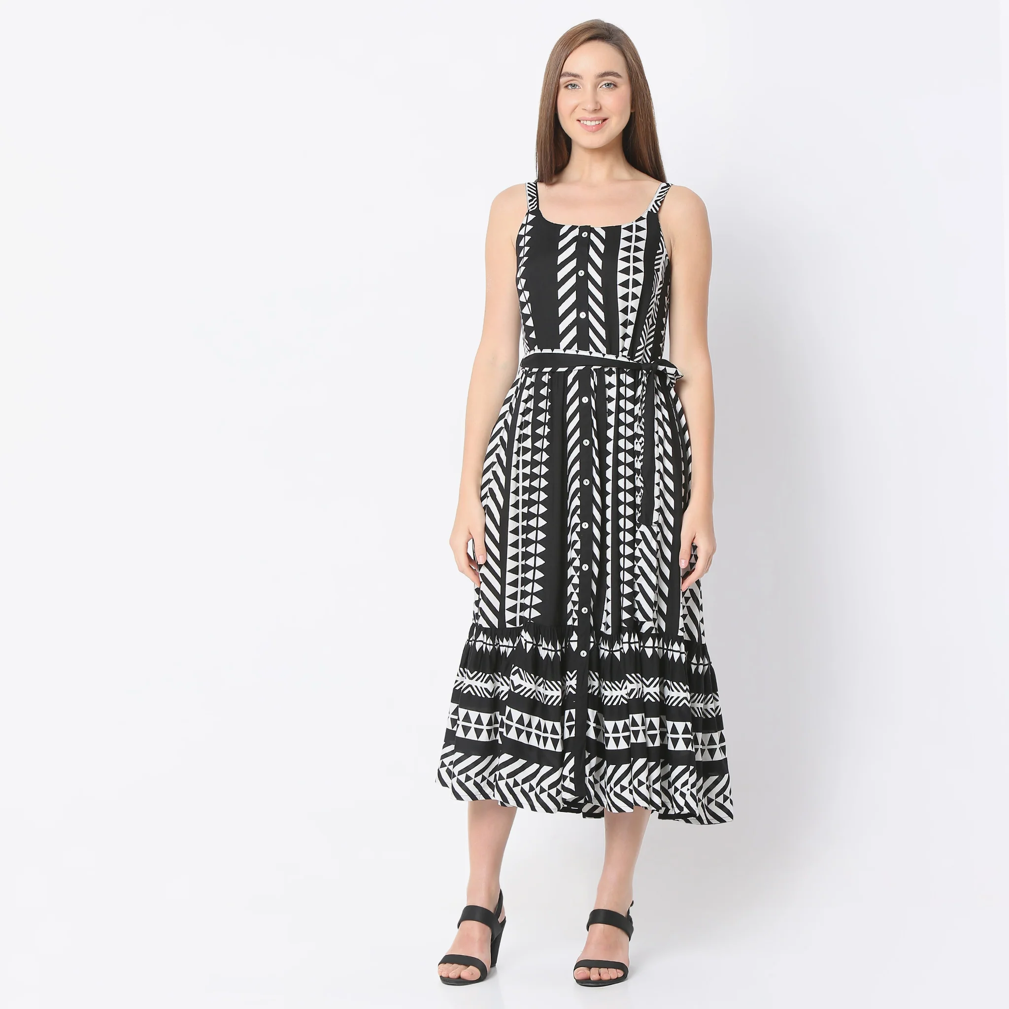 Flare Fit Printed Below Knee Round Neck Strap Dress - Image 2
