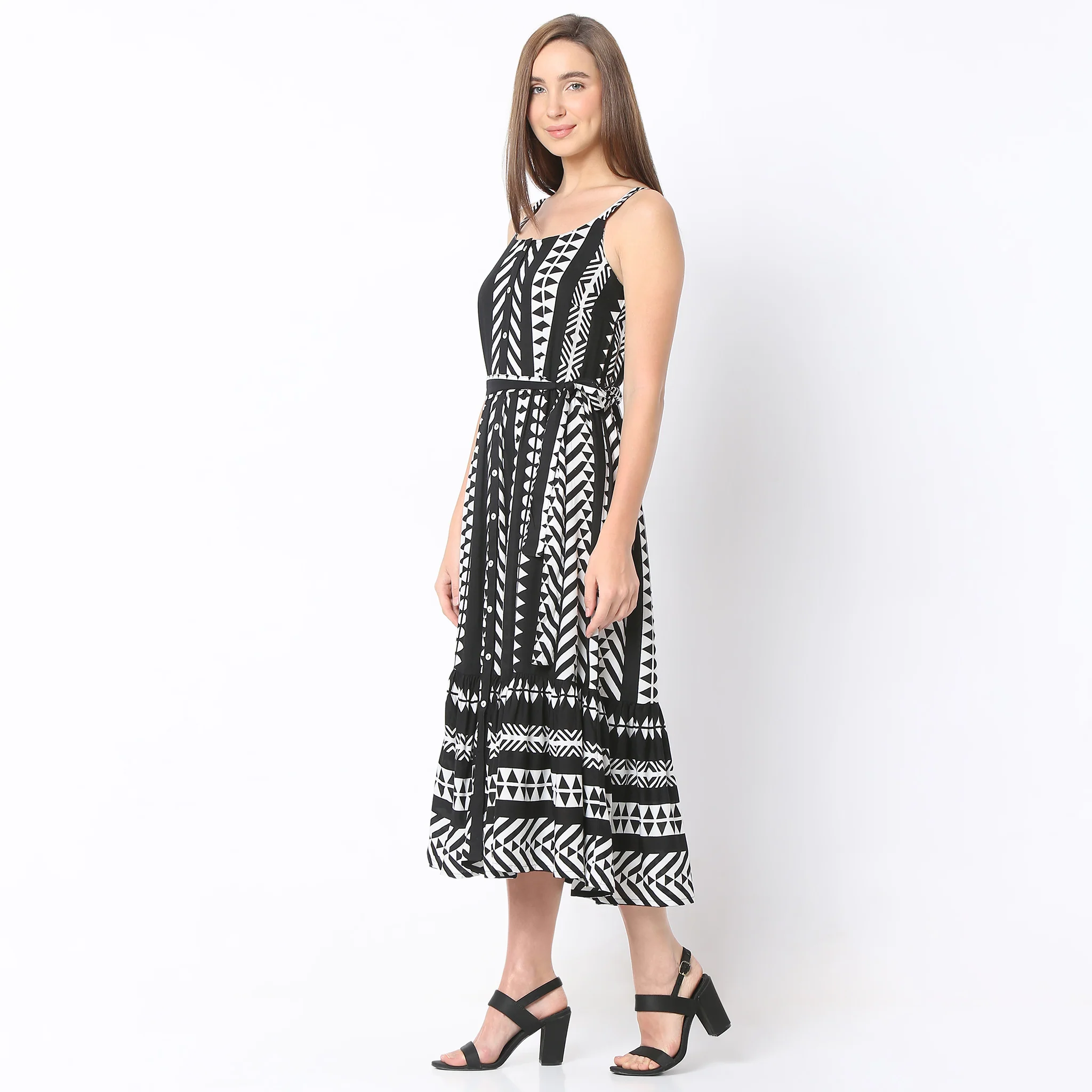 Flare Fit Printed Below Knee Round Neck Strap Dress - Image 5