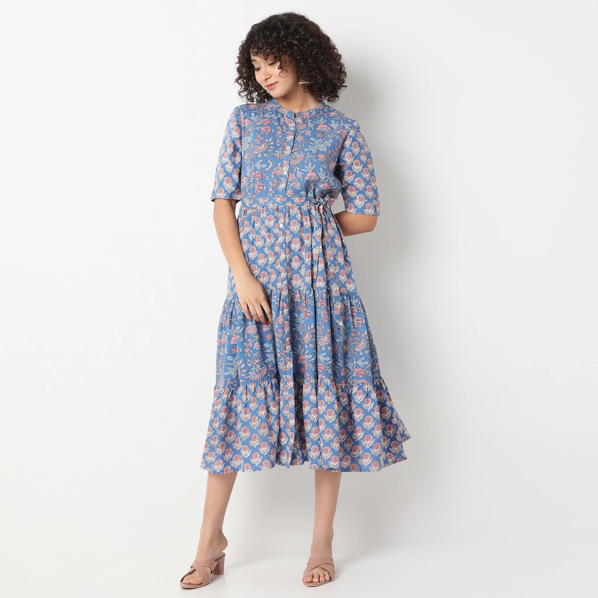 Band Collar Calf Length Elbow Sleeve Flare Fit Printed Tiered Dress - Image 2