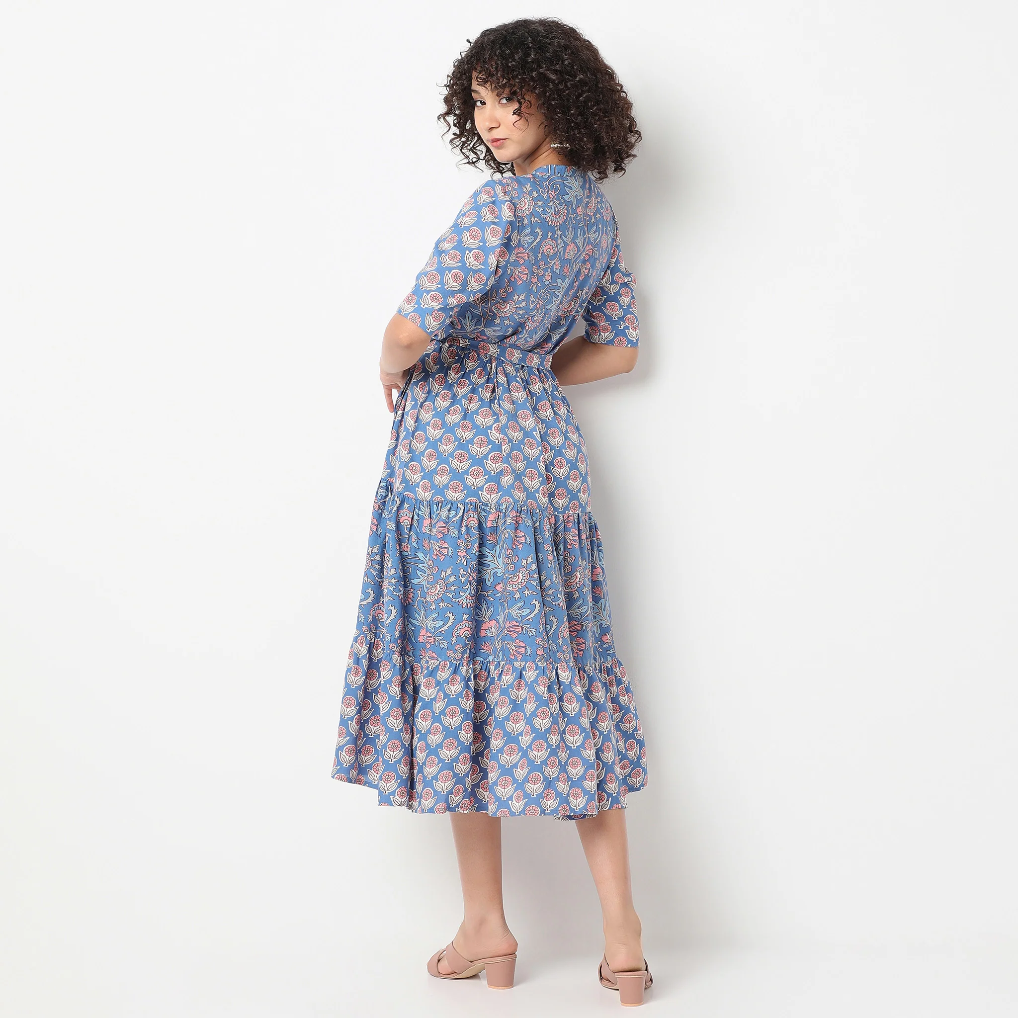 Band Collar Calf Length Elbow Sleeve Flare Fit Printed Tiered Dress - Image 3