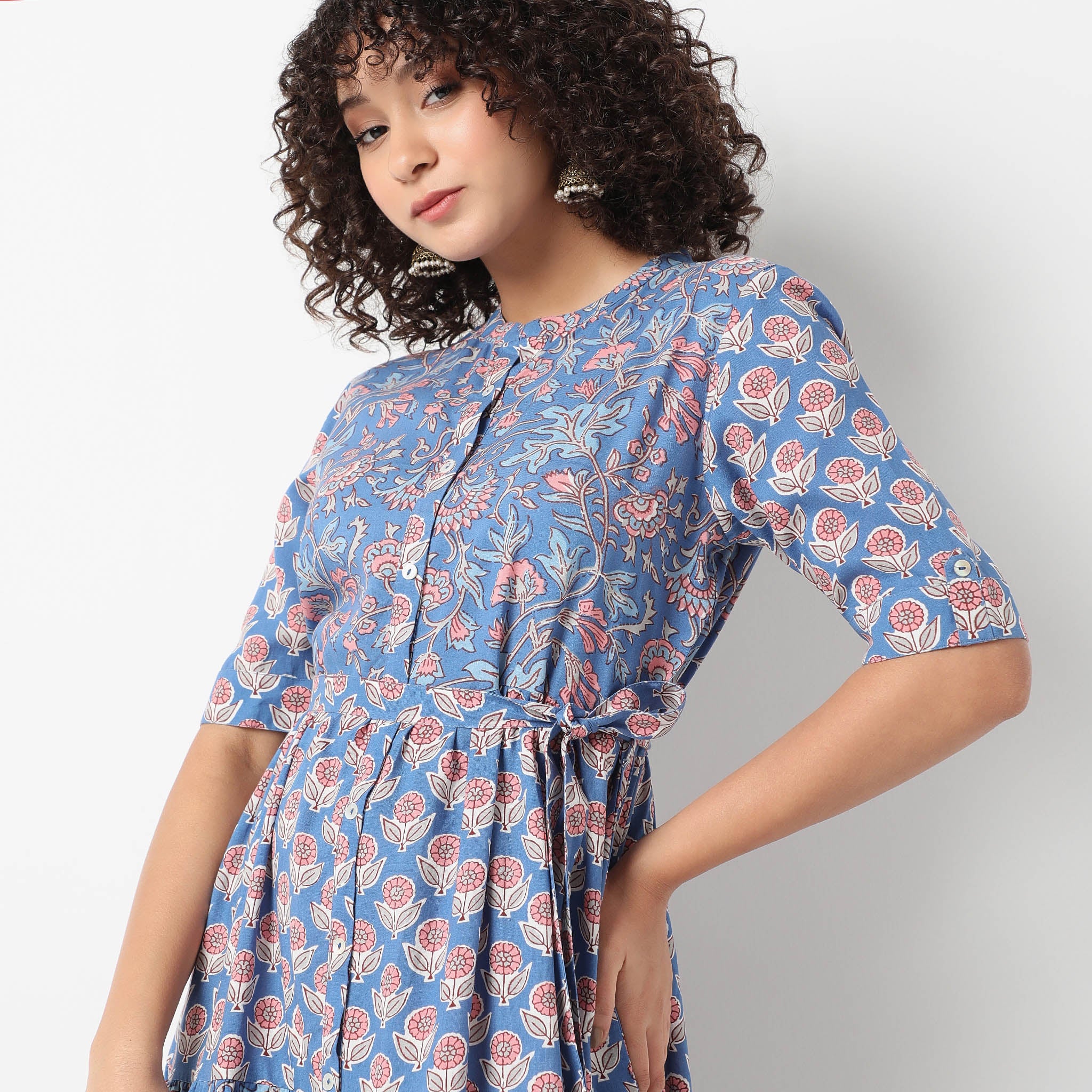 Band Collar Calf Length Elbow Sleeve Flare Fit Printed Tiered Dress - Image 4
