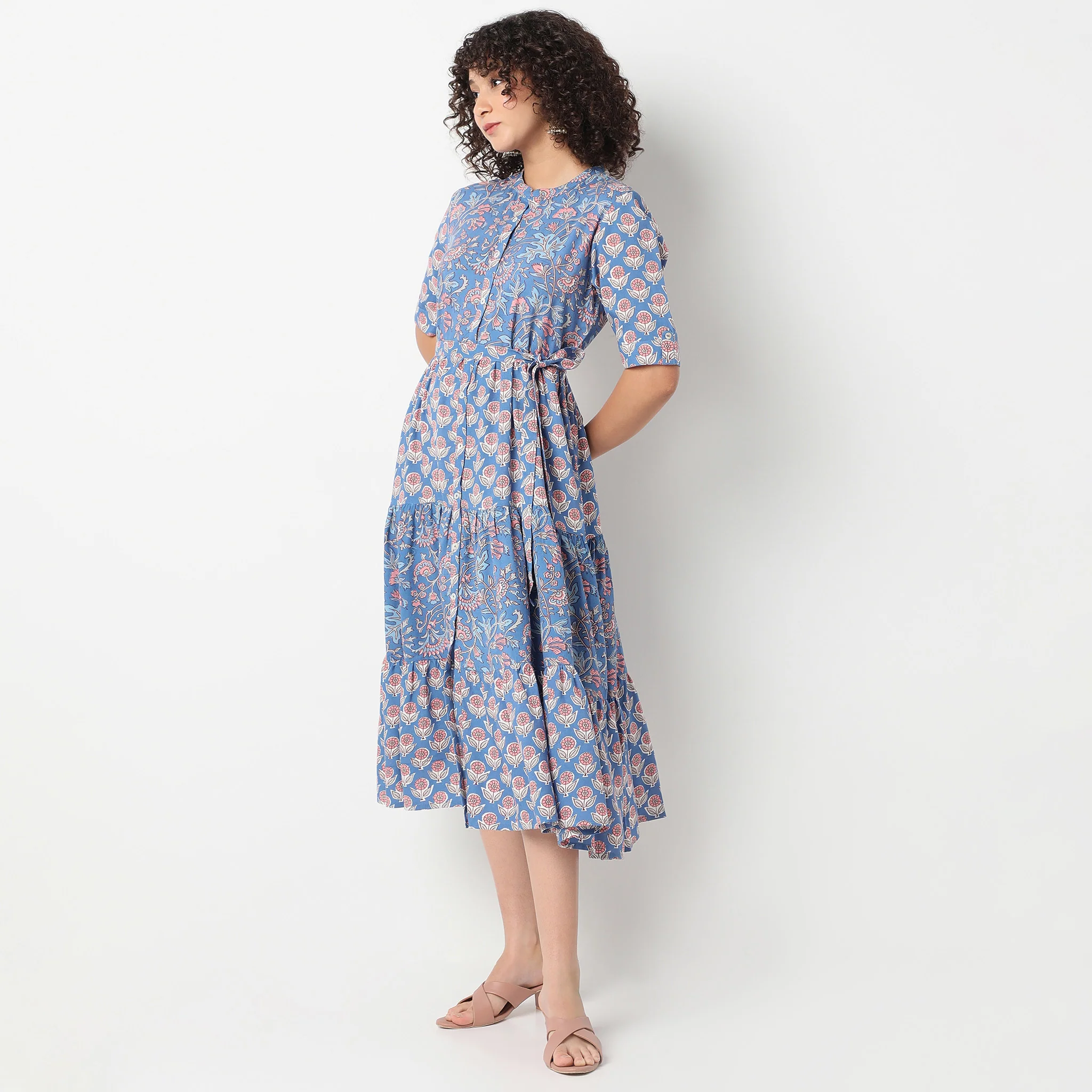 Band Collar Calf Length Elbow Sleeve Flare Fit Printed Tiered Dress - Image 5