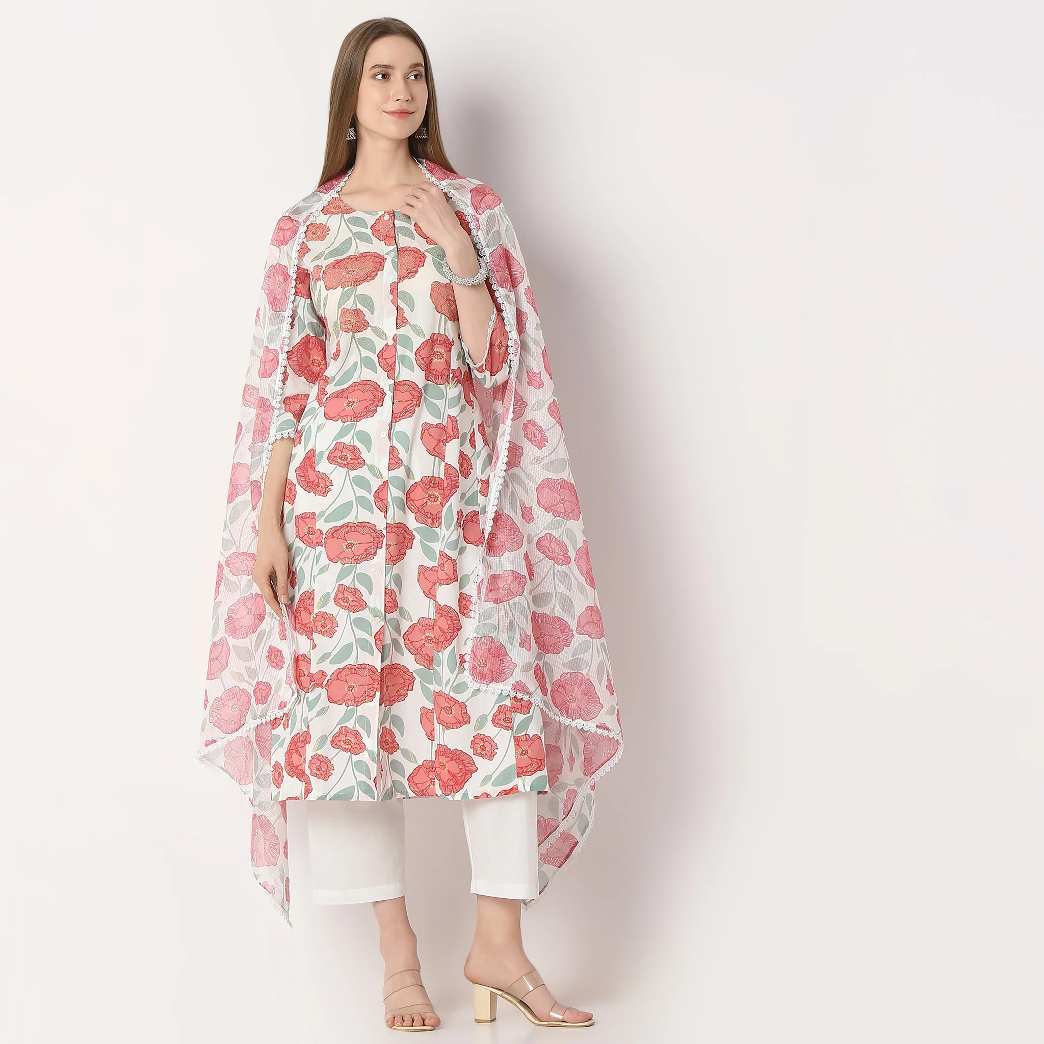 Flare Fit Printed Round Neck Kurta And Pant With Dupatta Set