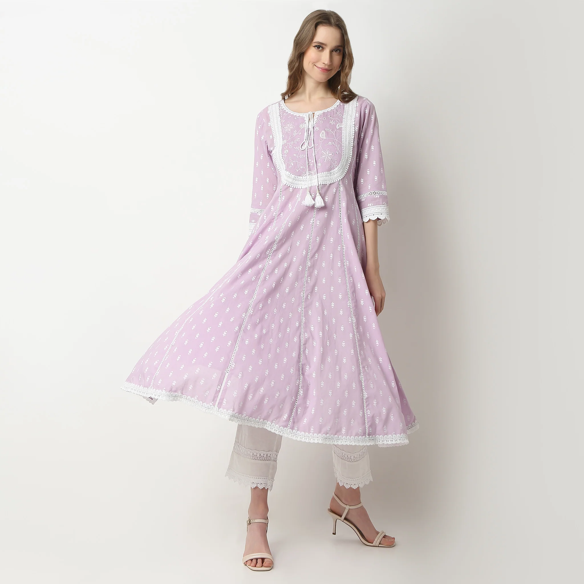 Flare Fit Printed Round Neck Flared Kalidar Below Knee Kurta