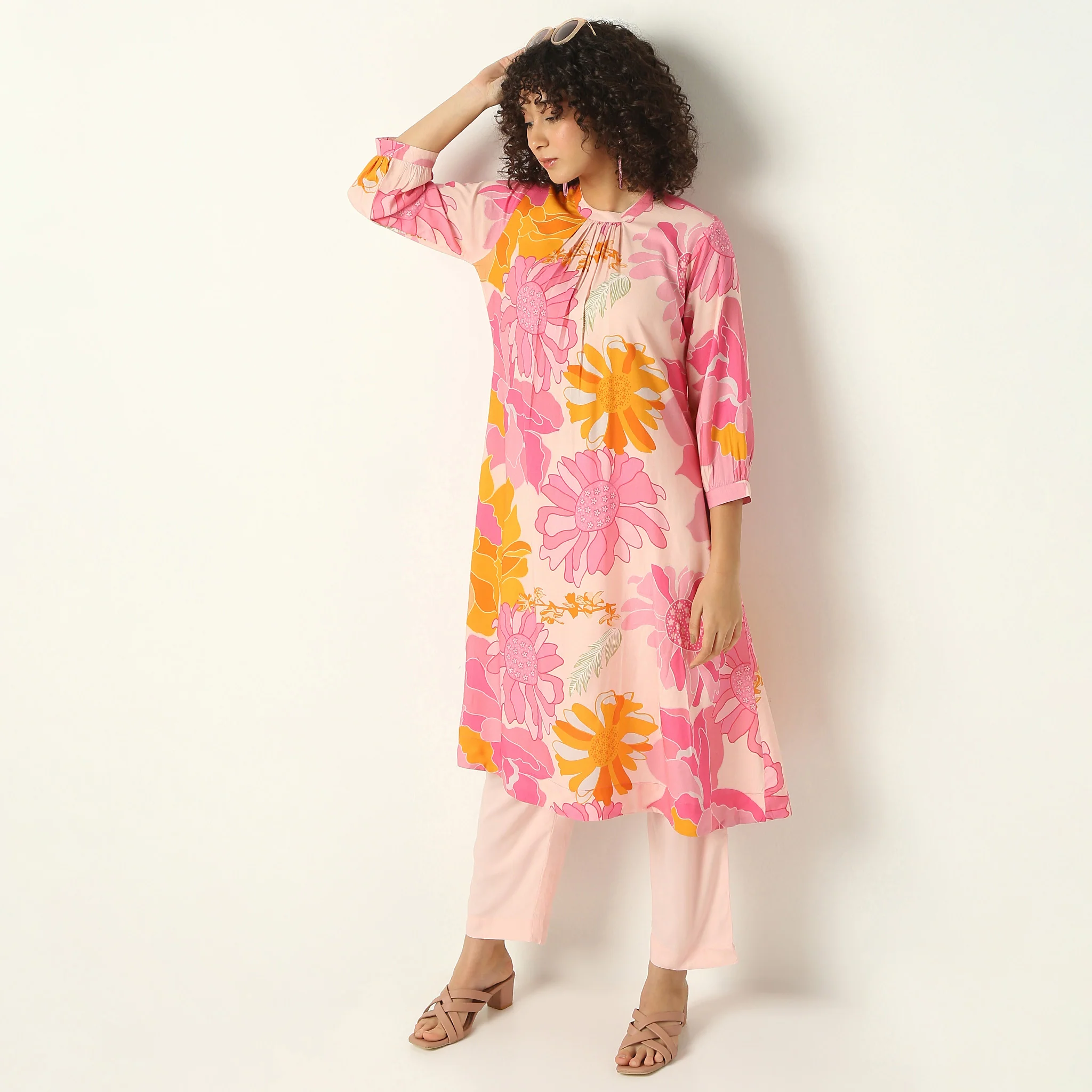 Band Collar Knee Length Three-Fourth Sleeve Flare Fit Printed Kurta With Pant Set