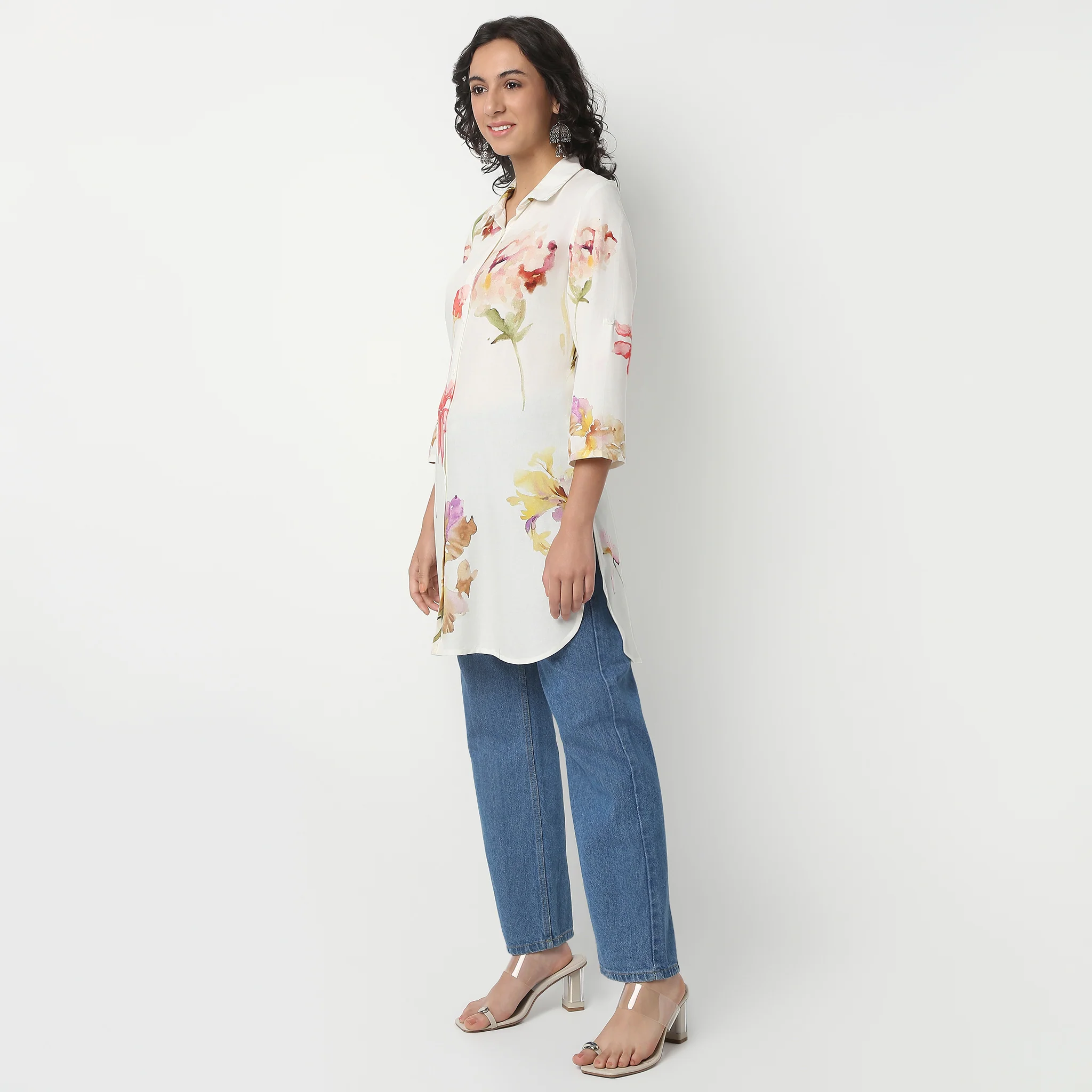 Shirt Collar Above Knee Three-Fourth Sleeve Flare Fit Printed Kurta - Image 5