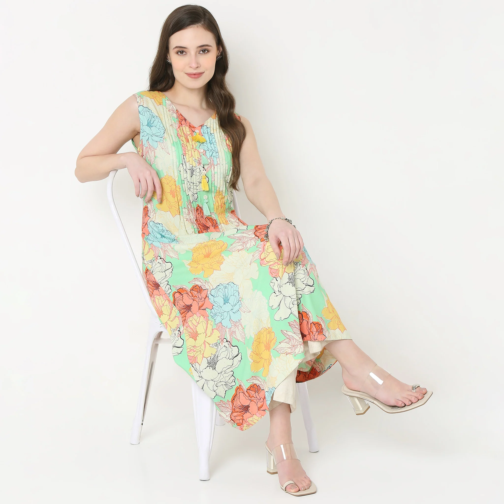 V-Neck Printed Flared Kurta