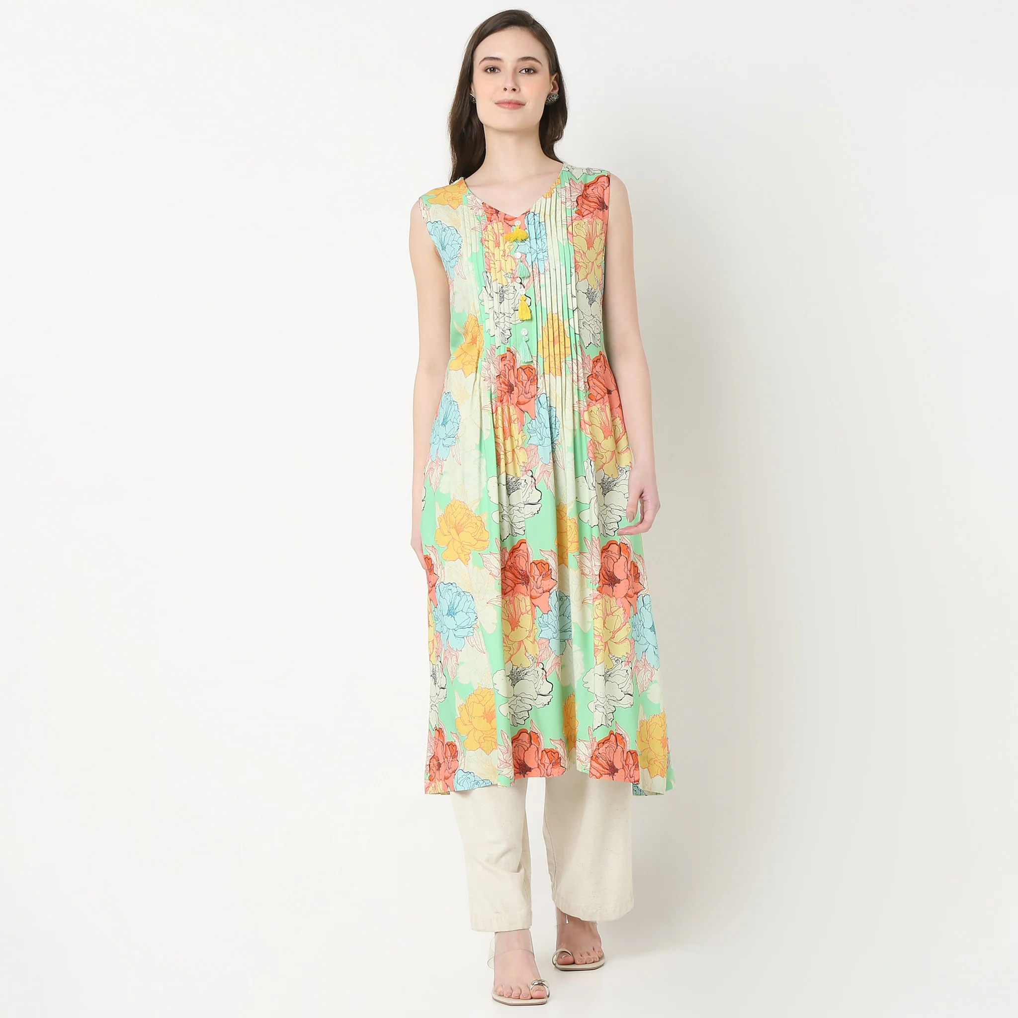 V-Neck Printed Flared Kurta - Image 2