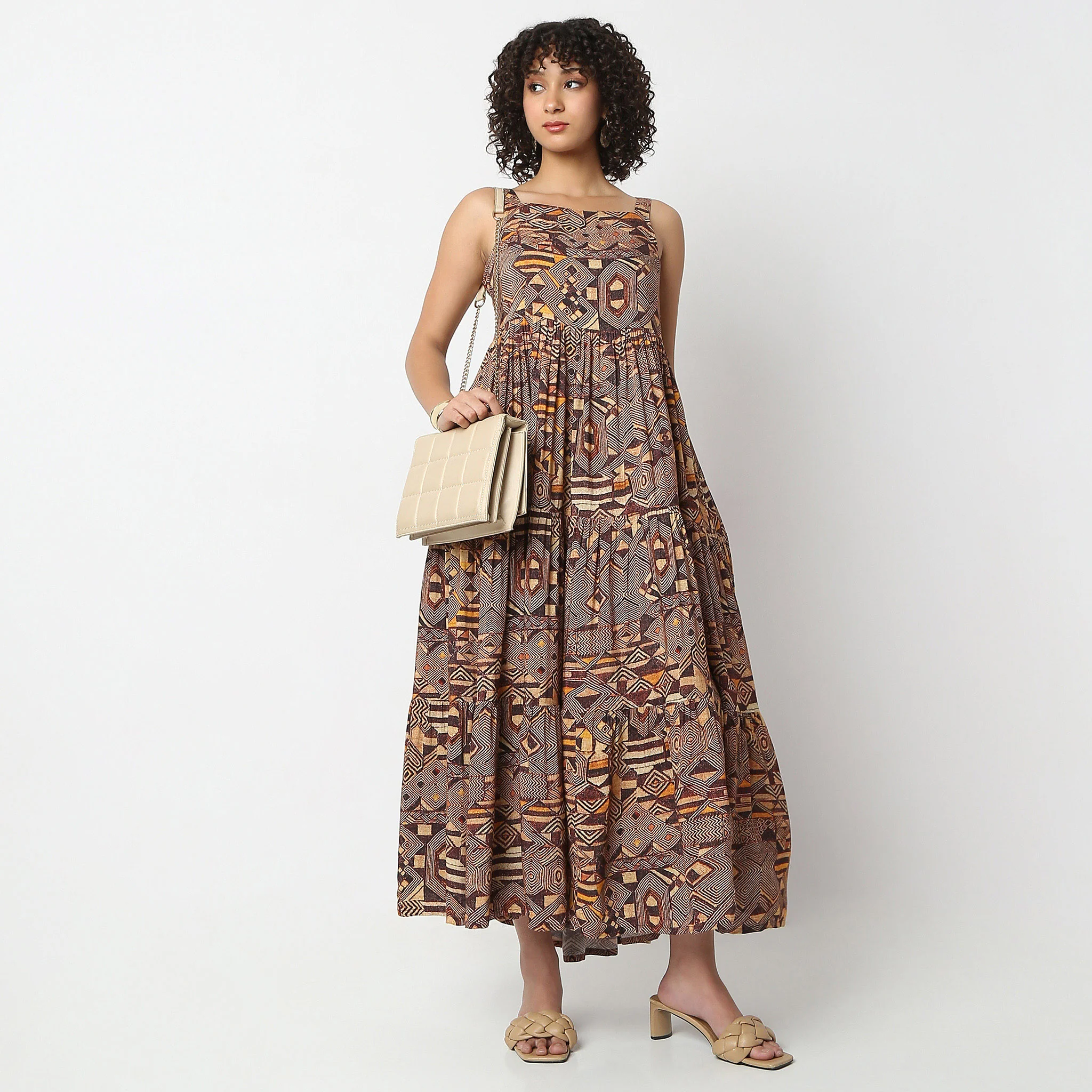 Abstract Print A-Line Shoulder Strap Tiered Dress
