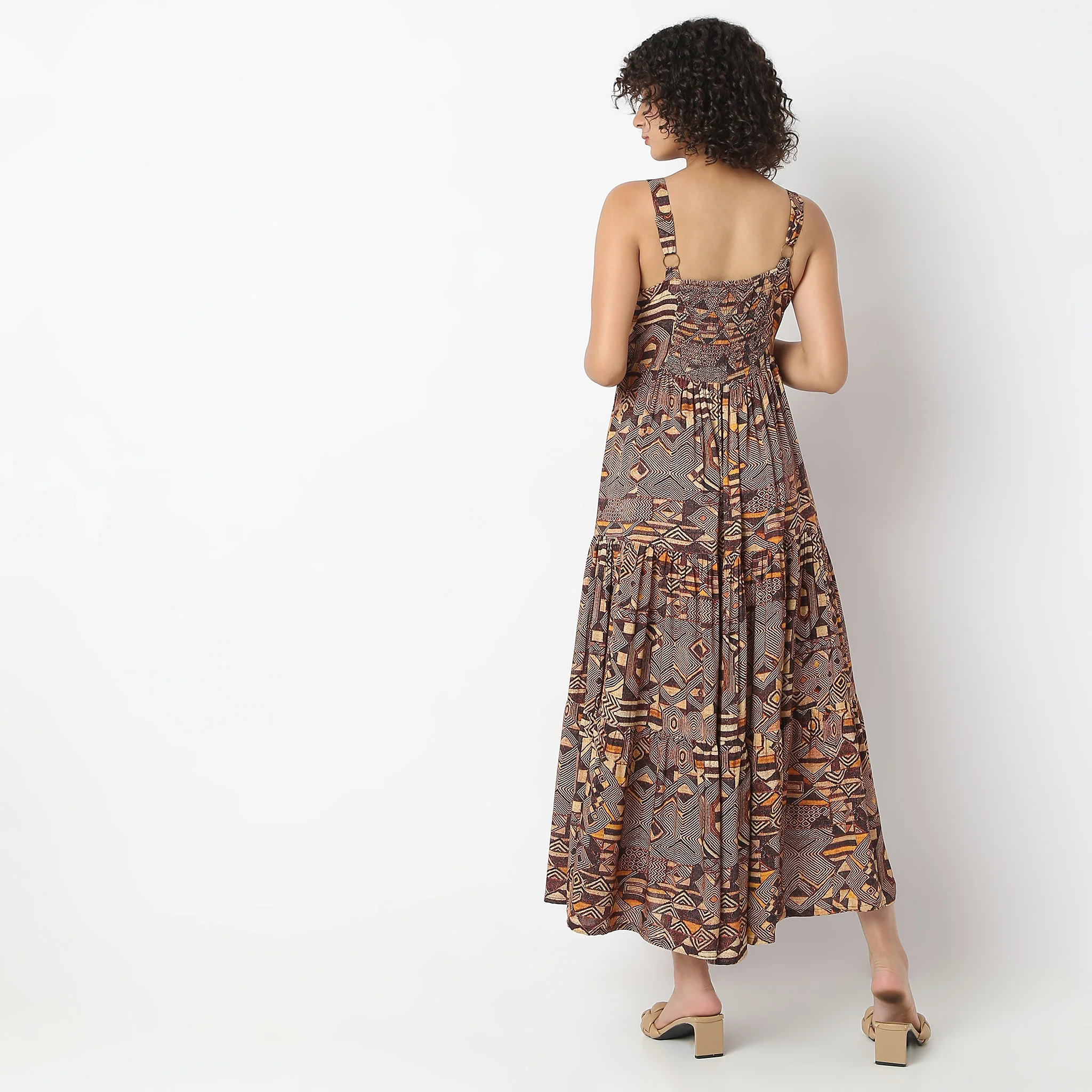 Abstract Print A-Line Shoulder Strap Tiered Dress - Image 3