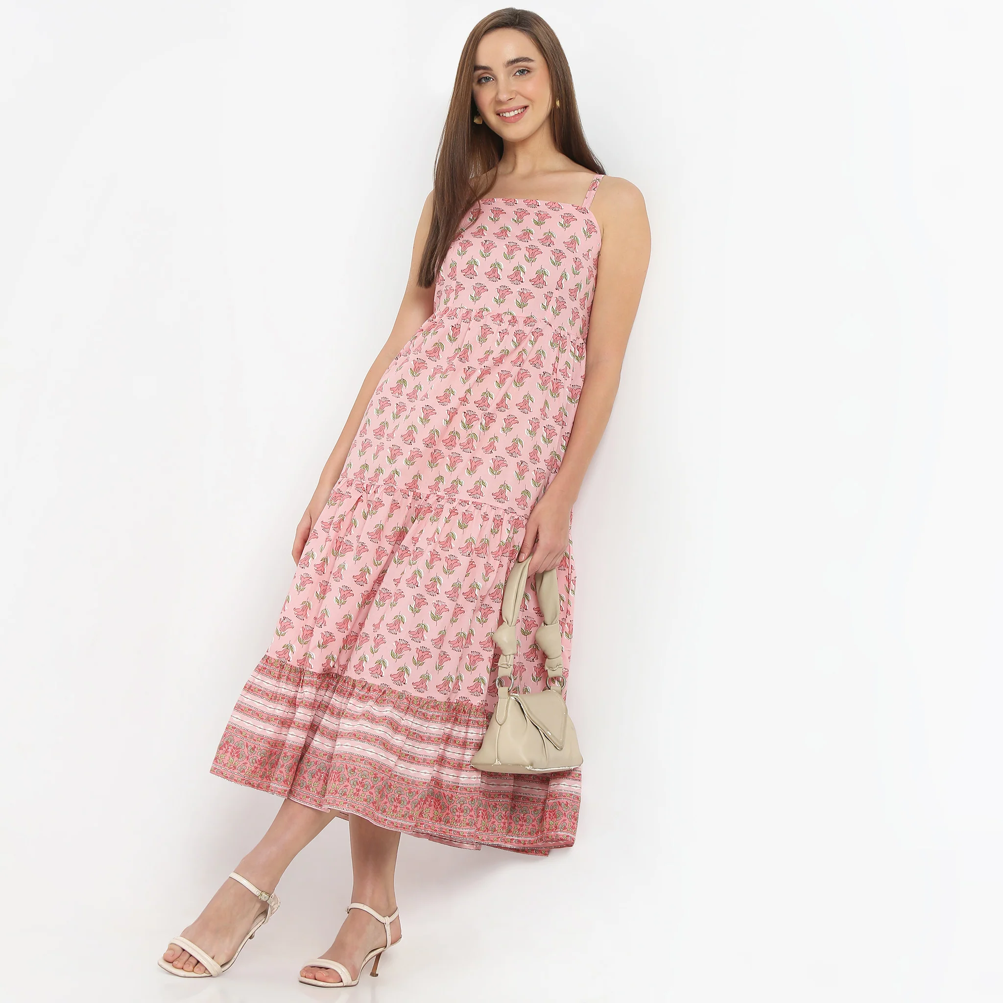Flare Fit Printed Below Knee Strapy Dress