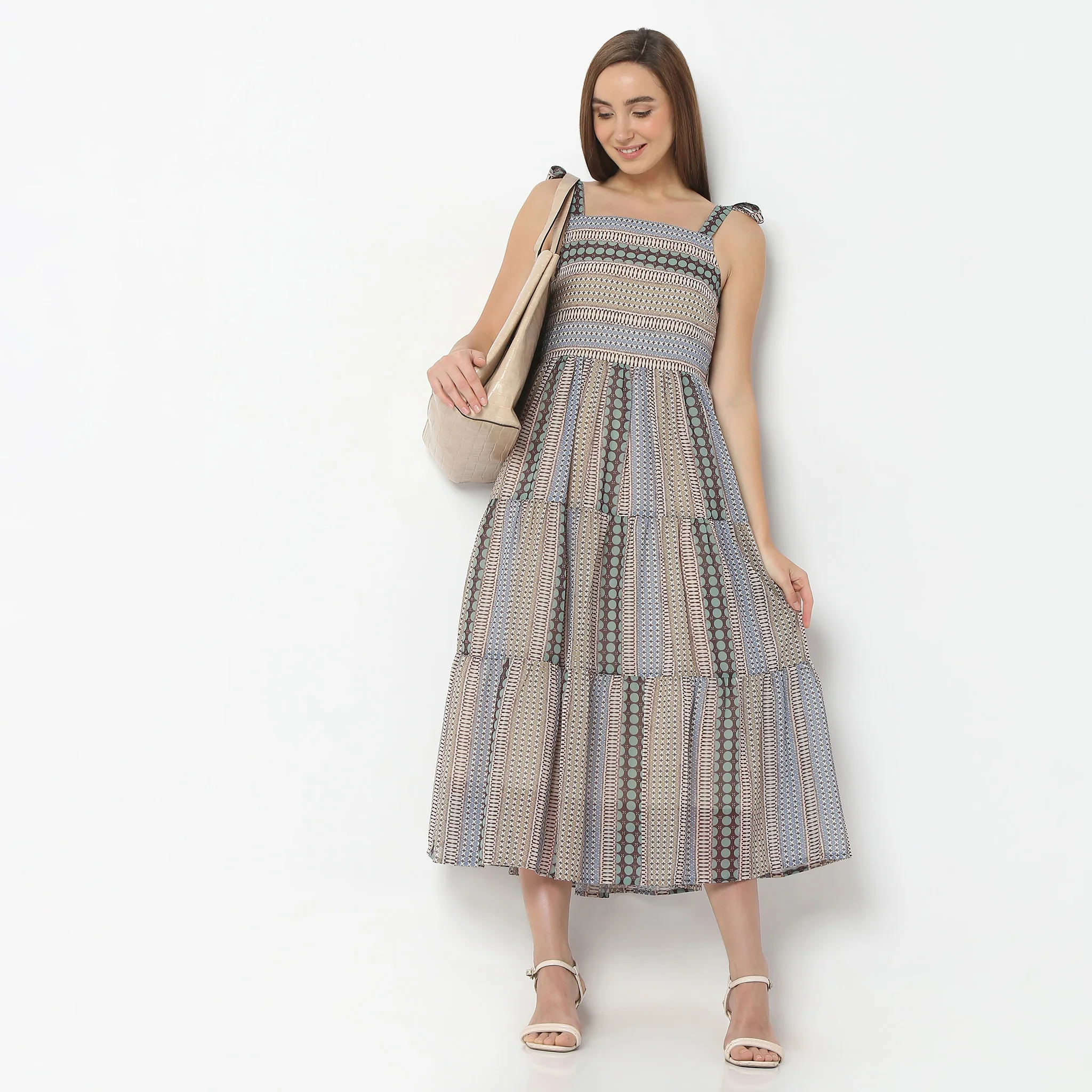 Flare Fit Printed Below Knee Square Neck Strap Dress