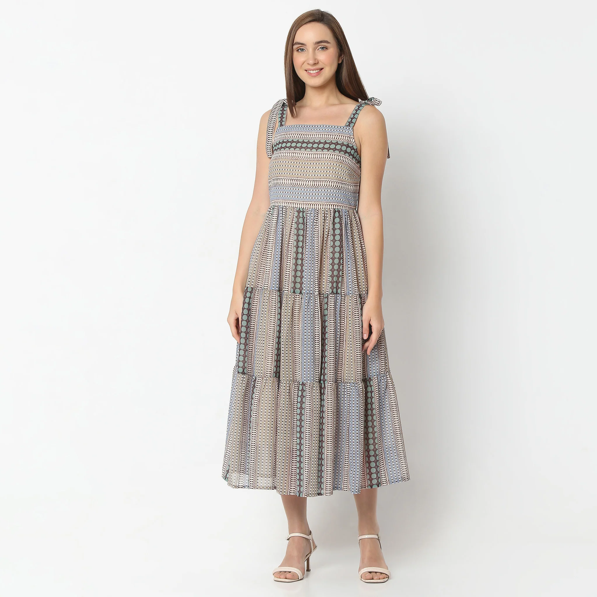 Flare Fit Printed Below Knee Square Neck Strap Dress - Image 2