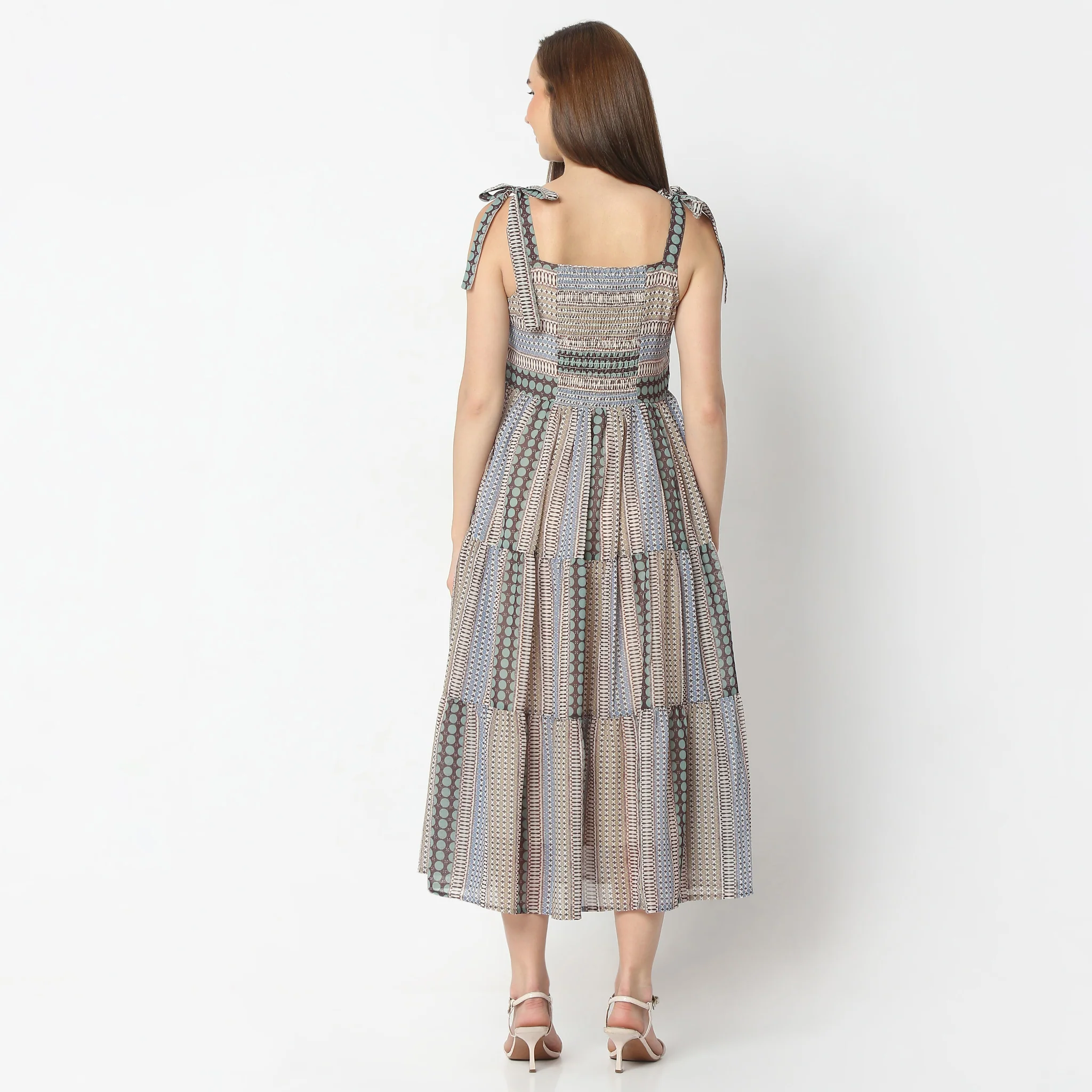 Flare Fit Printed Below Knee Square Neck Strap Dress - Image 3