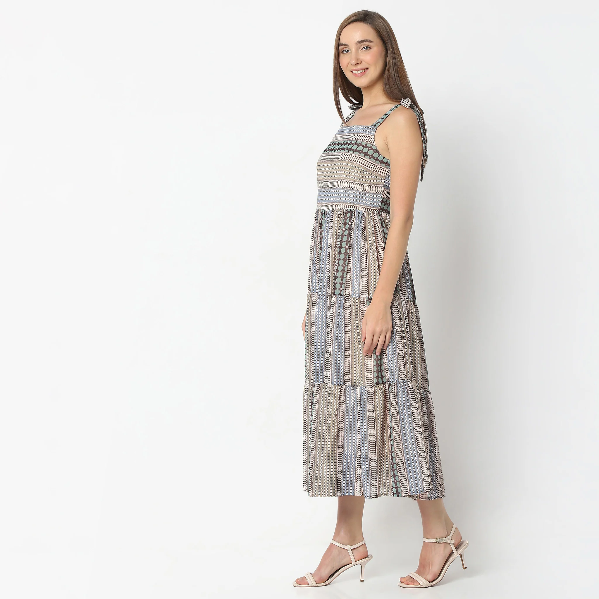 Flare Fit Printed Below Knee Square Neck Strap Dress - Image 5