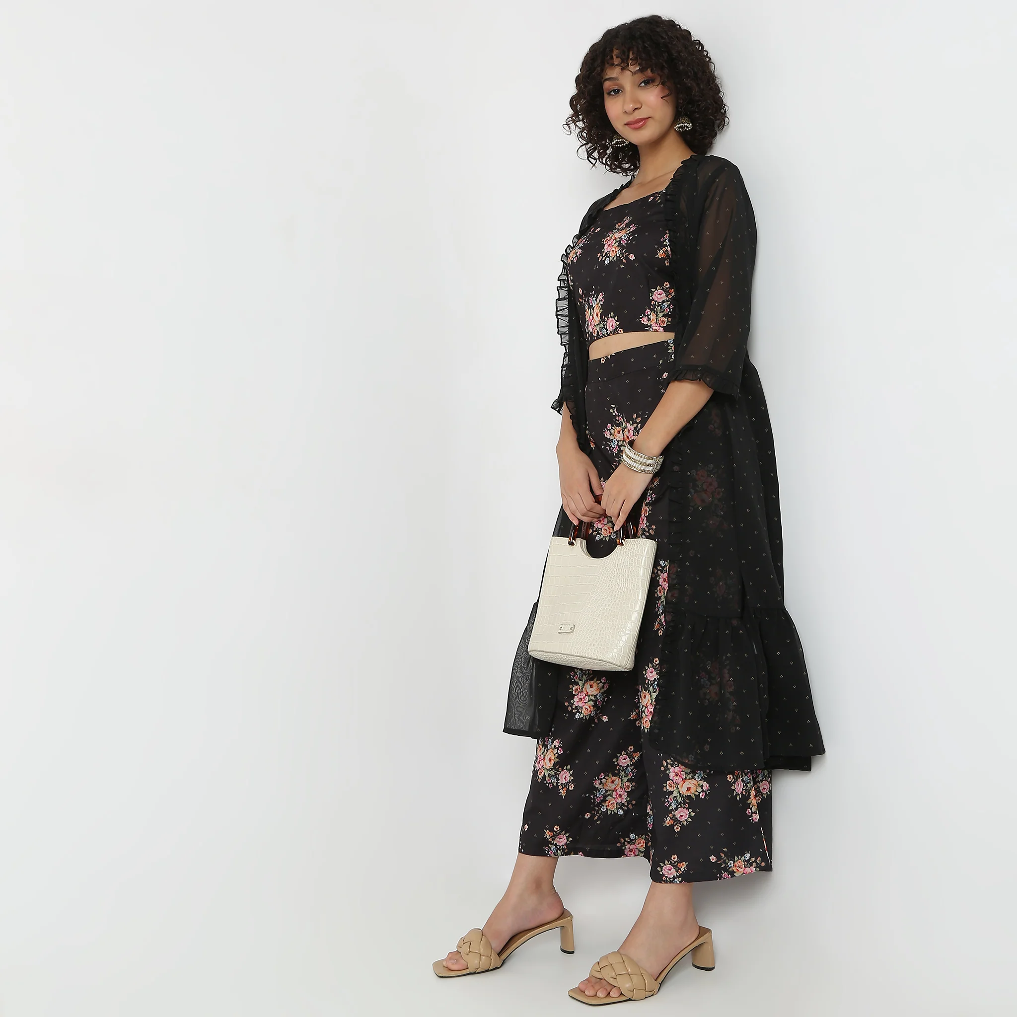 Flare Fit Printed Square Neck Crop Top And Palazzo With Cape Set