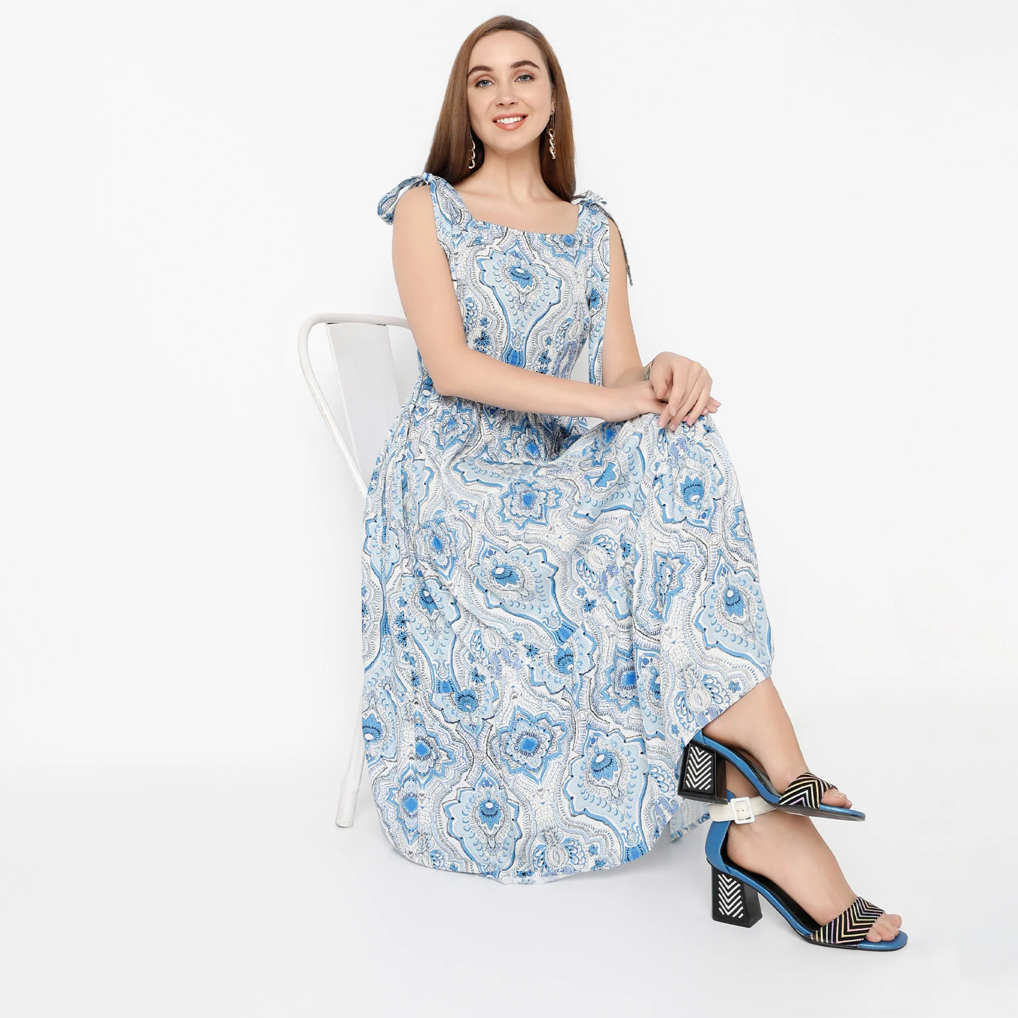 Square Neck Calf Length Flare Fit Printed Strap Dress