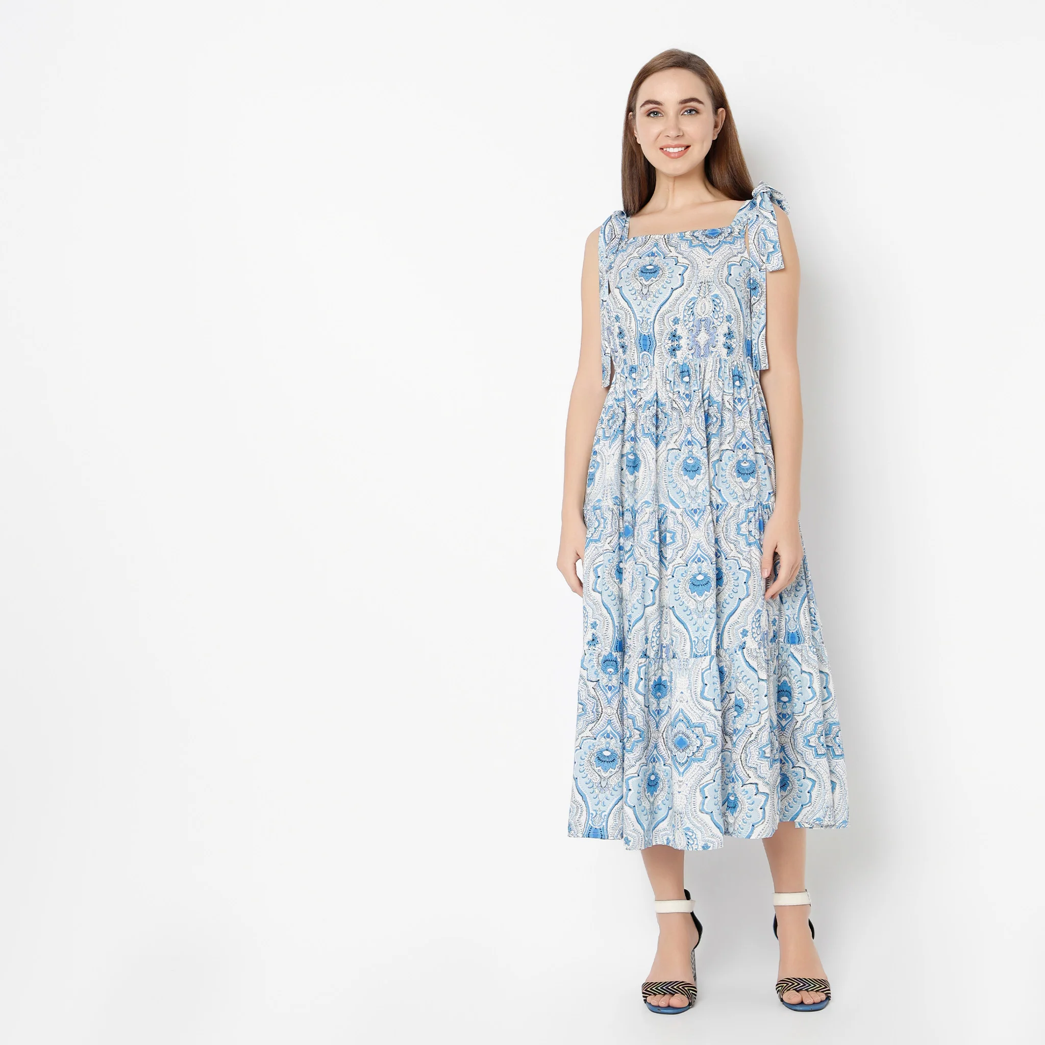 Square Neck Calf Length Flare Fit Printed Strap Dress - Image 2