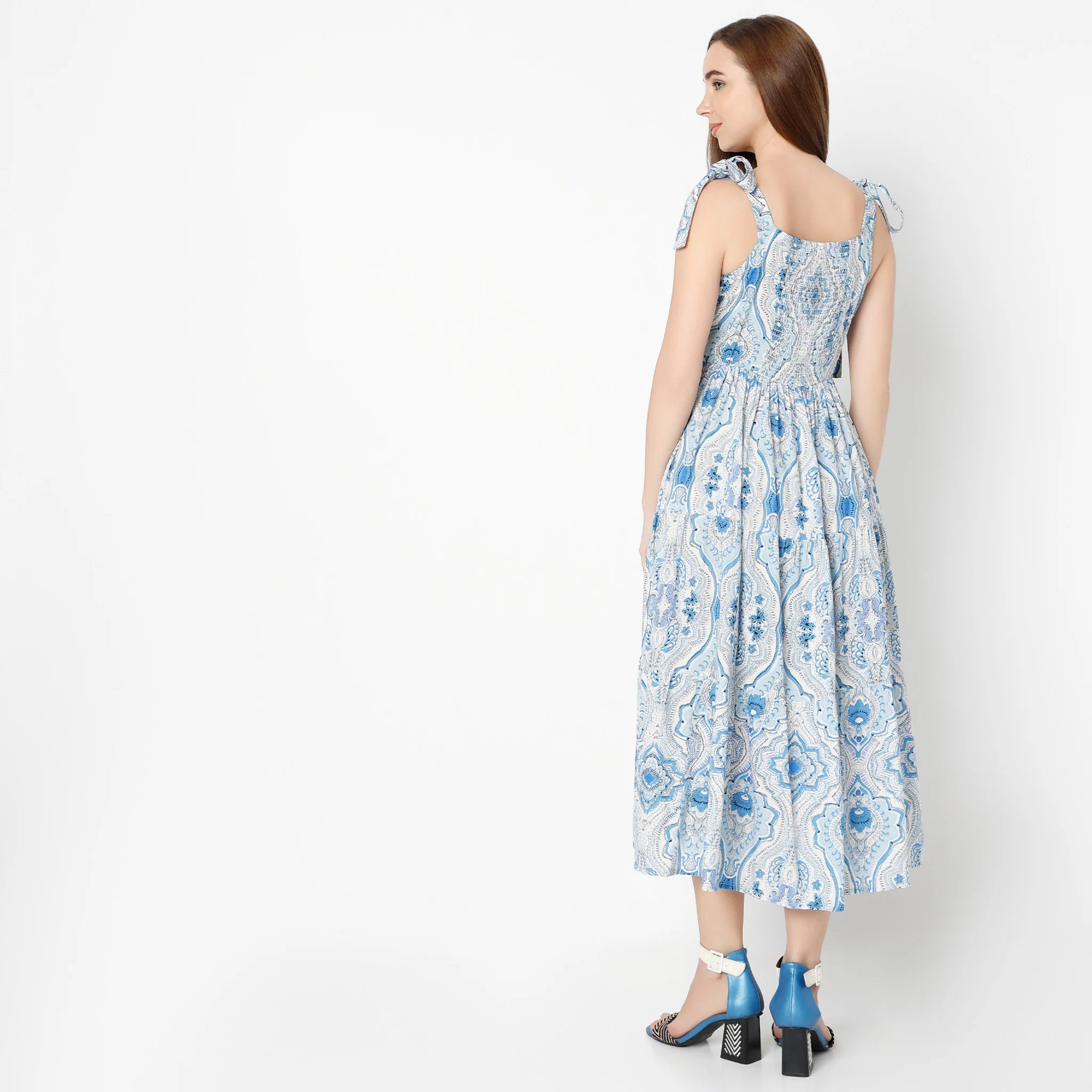 Square Neck Calf Length Flare Fit Printed Strap Dress - Image 3