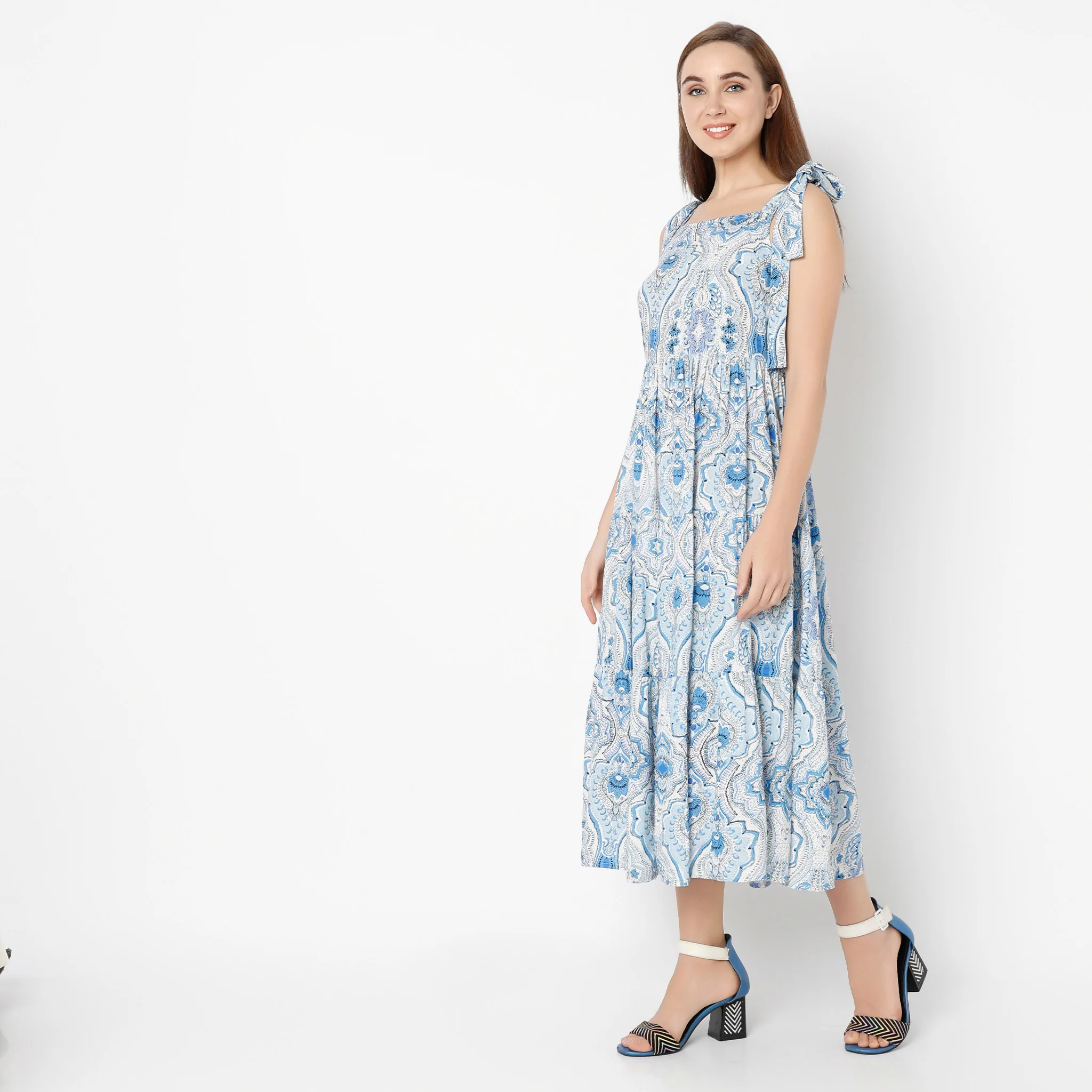 Square Neck Calf Length Flare Fit Printed Strap Dress - Image 5
