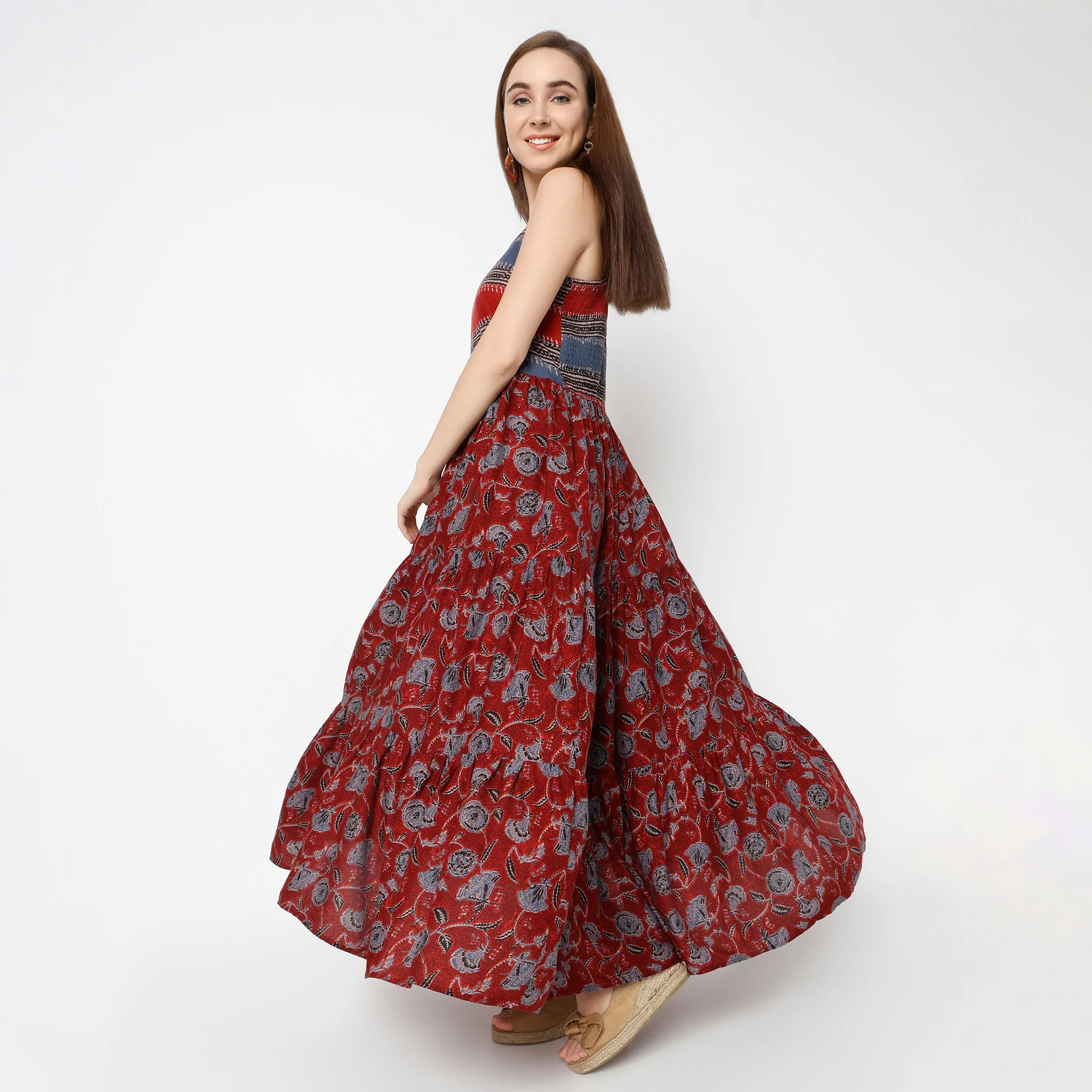 Square Neck Full Length Flare Fit Printed Strap Dress