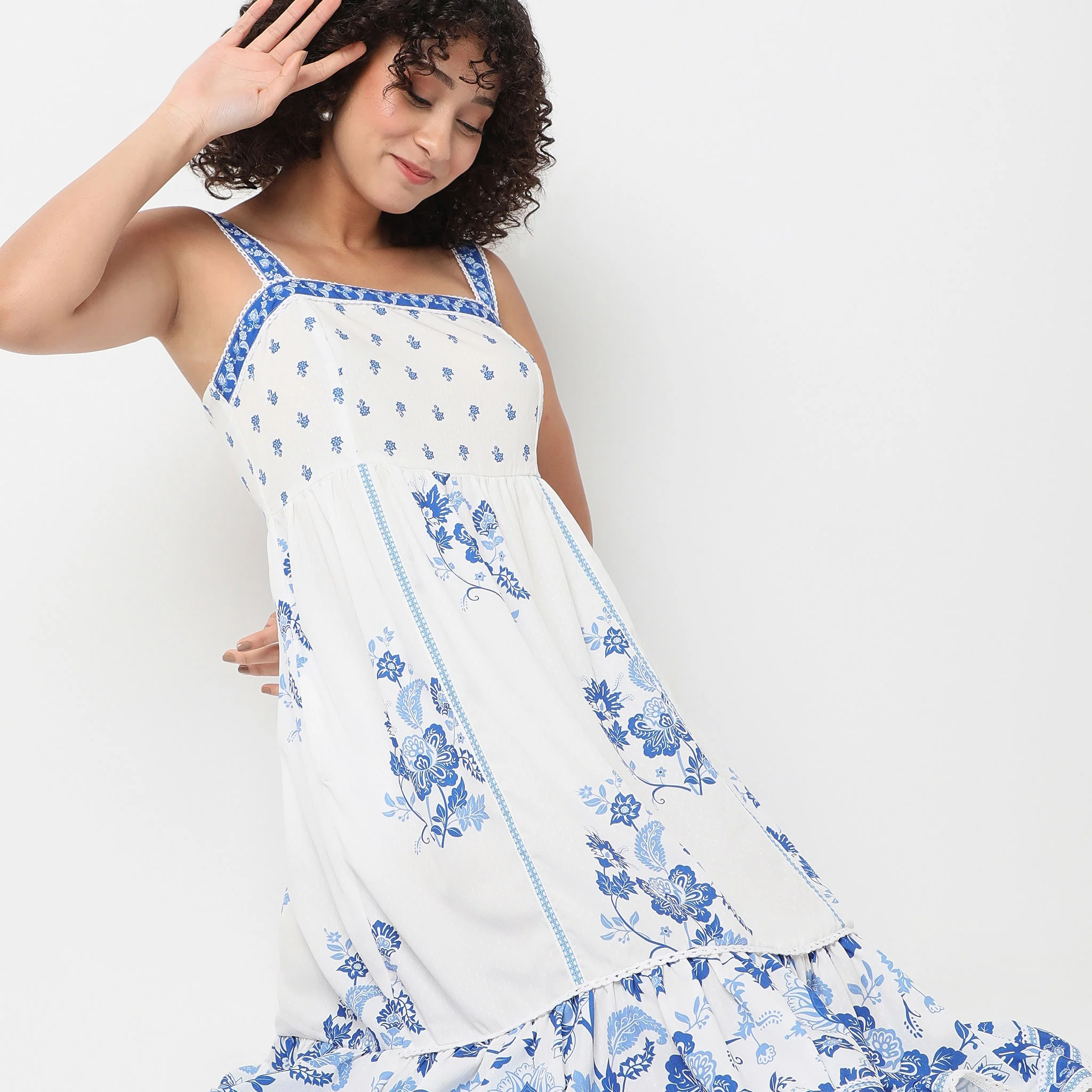 Square Neck Below Knee Flare Fit Printed Strap Dress