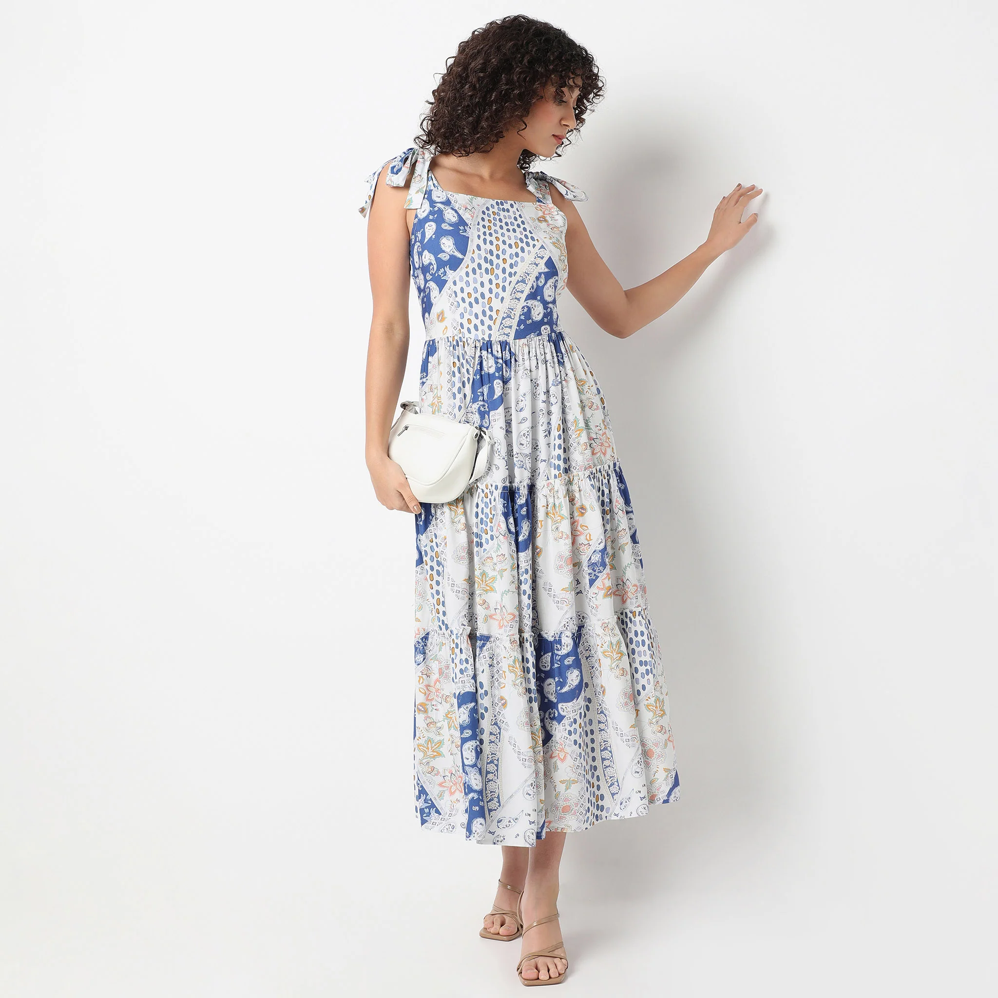 Square Neck Calf Length Flare Fit Printed Strap Dress