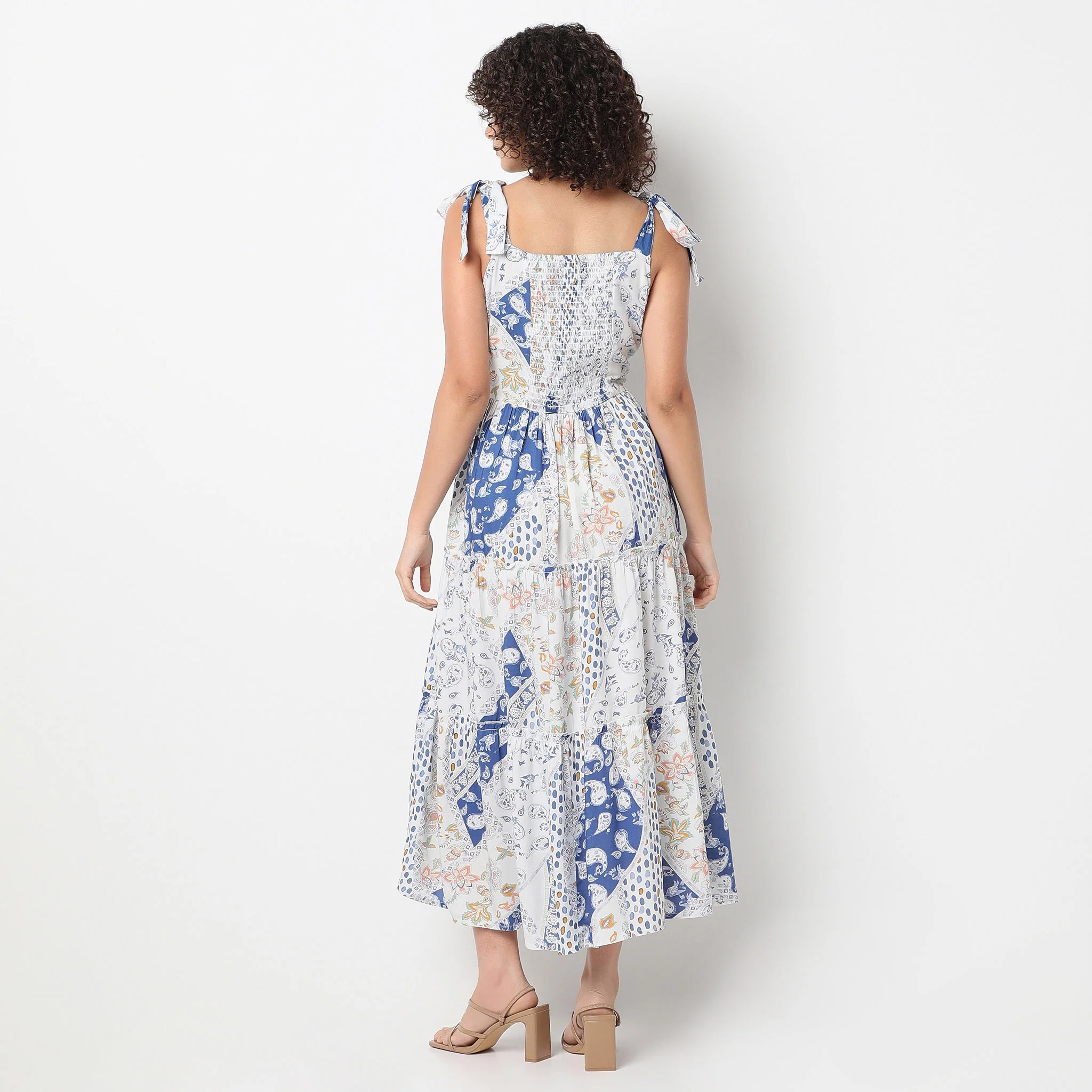 Square Neck Calf Length Flare Fit Printed Strap Dress - Image 3