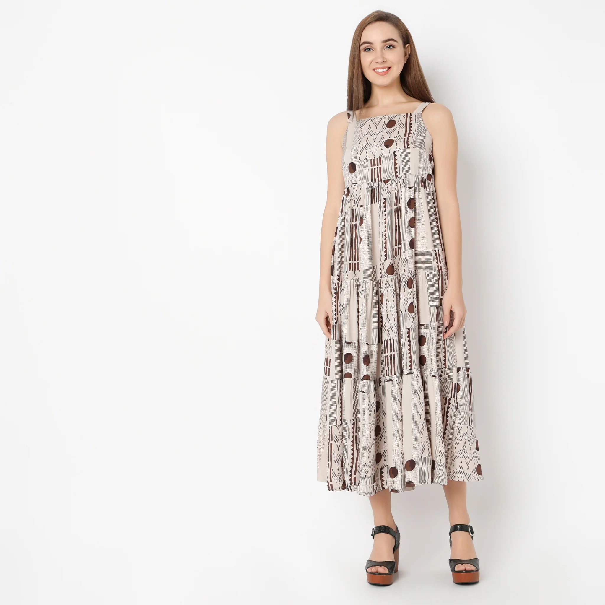Square Neck Calf Length Flare Fit Printed Strap Dress - Image 2